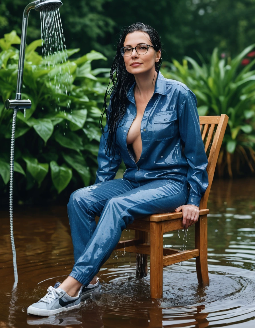 photo of young woman, in soaking wet, drenched clothes,
Sport shoes , long blue leather jeans, blue jeans shirt, taking shower on the chair in the flooded garden, 
enjoying, wet clothes stuck to body,
detailed textures of the wet clothes, wet face, wet plastered hair,
wet, drenched, professional, high-quality details, full body view.
sharp focus, ultra-high pixel detail, realistic, high-quality, full colors, incredibly detailed, 4k, 8k, 16k, hyper-realistic, RAW photo, masterpiece, ultra-detailed, professionally color graded, professional photograph, woman 51 years old, long black hair, very big and thick lips, office glasses, complete body, open mouth