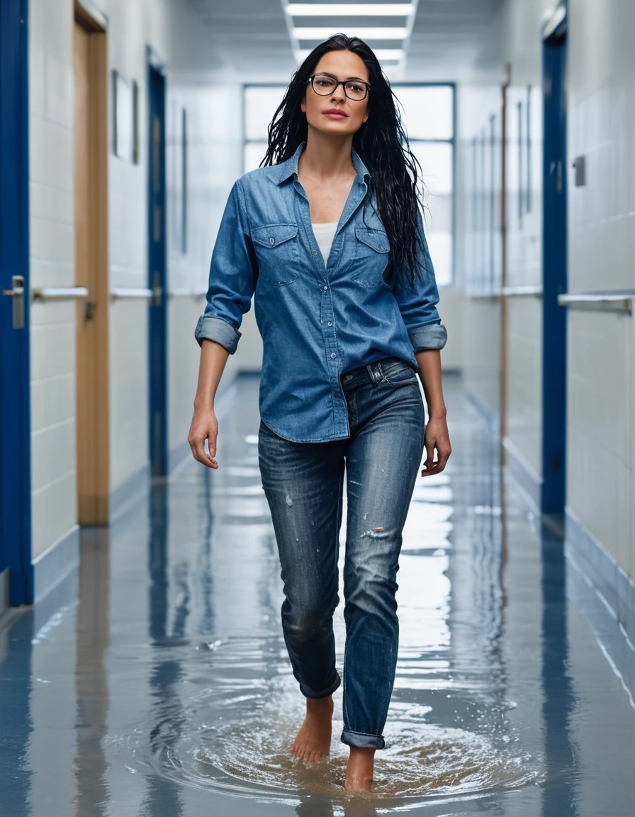 photo of young woman, in soaking wet, drenched clothes,
office shoes , long blue jeans, blue denim shirt, walking in the school hall, 
enjoying, wet clothes stuck to body,
detailed textures of the wet clothes, wet face, wet plastered hair,
wet, drenched, professional, high-quality details, full body view.
sharp focus, ultra-high pixel detail, realistic, high-quality, full colors, incredibly detailed, 4k, 8k, 16k, hyper-realistic, RAW photo, masterpiece, ultra-detailed, professionally color graded, professional photograph, woman 51 years old, long black hair, very big and thick lips, office glasses, complete body, open mouth