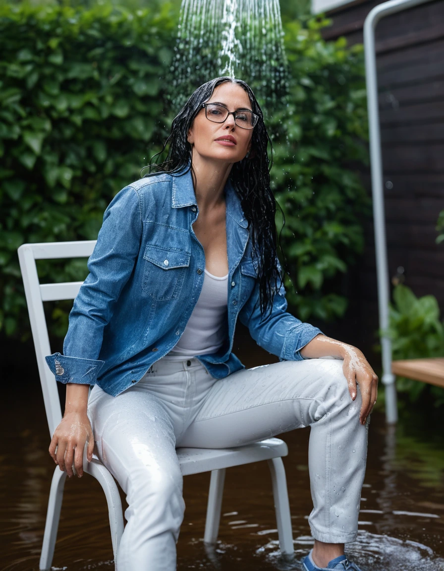 photo of young woman, in soaking wet, drenched clothes,
Sport shoes , long white leather jeans, blue jeans shirt, taking shower on the chair in the flooded garden, 
enjoying, wet clothes stuck to body,
detailed textures of the wet clothes, wet face, wet plastered hair,
wet, drenched, professional, high-quality details, full body view.
sharp focus, ultra-high pixel detail, realistic, high-quality, full colors, incredibly detailed, 4k, 8k, 16k, hyper-realistic, RAW photo, masterpiece, ultra-detailed, professionally color graded, professional photograph, woman 51 years old, long black hair, very big and thick lips, office glasses, complete body, open mouth