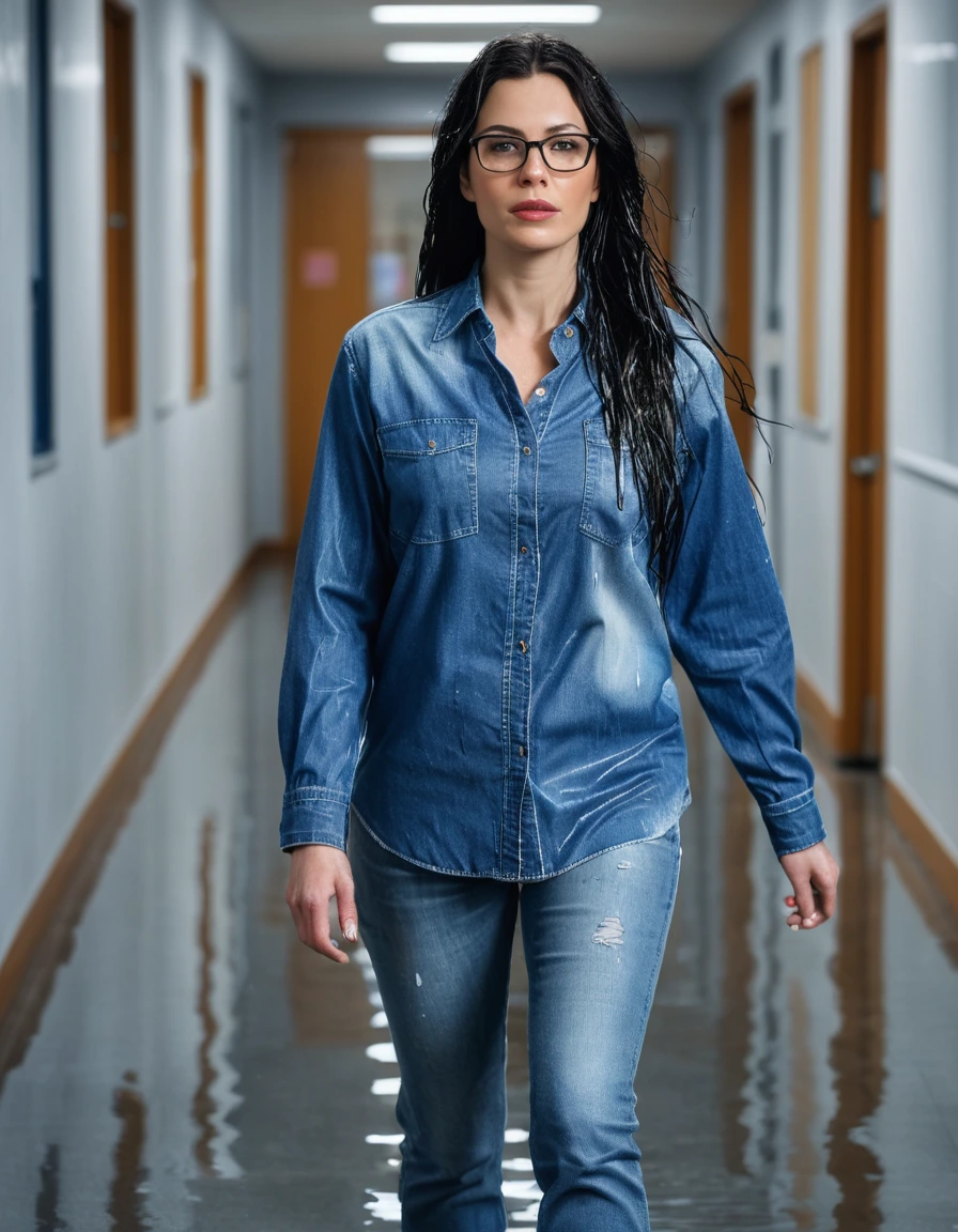 photo of young woman, in soaking wet, drenched clothes,
office shoes , long blue jeans, blue denim shirt, walking in the school hall, 
enjoying, wet clothes stuck to body,
detailed textures of the wet clothes, wet face, wet plastered hair,
wet, drenched, professional, high-quality details, full body view.
sharp focus, ultra-high pixel detail, realistic, high-quality, full colors, incredibly detailed, 4k, 8k, 16k, hyper-realistic, RAW photo, masterpiece, ultra-detailed, professionally color graded, professional photograph, woman 51 years old, long black hair, very big and thick lips, office glasses, complete body, open mouth
