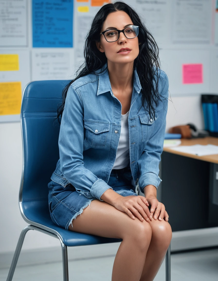 photo of young woman, in soaking wet, drenched clothes,
Sport shoes , midi light blue leather denim skirt , blue jeans shirt, teaching on the chair in classroom, 
enjoying, wet clothes stuck to body,
detailed textures of the wet clothes, wet face, wet plastered hair,
wet, drenched, professional, high-quality details, full body view.
sharp focus, ultra-high pixel detail, realistic, high-quality, full colors, incredibly detailed, 4k, 8k, 16k, hyper-realistic, RAW photo, masterpiece, ultra-detailed, professionally color graded, professional photograph, woman 51 years old, long black hair, very big and thick lips, office glasses, complete body, open mouth