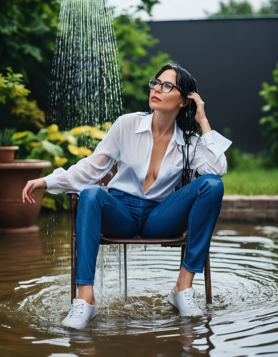 photo of young woman, in soaking wet, drenched clothes,
Sport shoes , long blue leather jeans, white silk satin shirthirt, taking shower on the chair in the flooded garden, 
enjoying, wet clothes stuck to body,
detailed textures of the wet clothes, wet face, wet plastered hair,
wet, drenched, professional, high-quality details, full body view.
sharp focus, ultra-high pixel detail, realistic, high-quality, full colors, incredibly detailed, 4k, 8k, 16k, hyper-realistic, RAW photo, masterpiece, ultra-detailed, professionally color graded, professional photograph, woman 51 years old, long black hair, very big and thick lips, office glasses, complete body, open mouth
