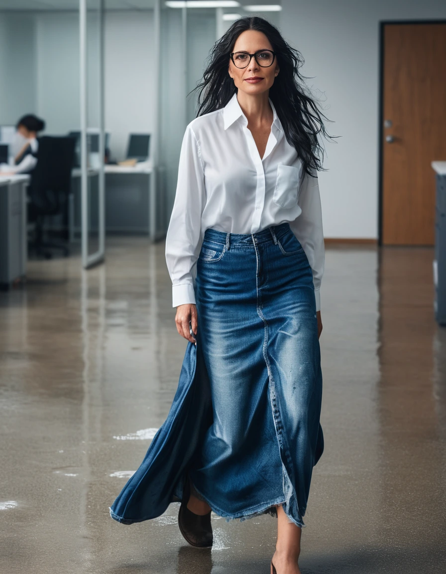 photo of young woman, in soaking wet, drenched clothes,
office shoes , maxi blue loose-fitting denim skirt, white silk satin shirt, walking in the office, 
enjoying, wet clothes stuck to body,
detailed textures of the wet clothes, wet face, wet plastered hair,
wet, drenched, professional, high-quality details, full body view.
sharp focus, ultra-high pixel detail, realistic, high-quality, full colors, incredibly detailed, 4k, 8k, 16k, hyper-realistic, RAW photo, masterpiece, ultra-detailed, professionally color graded, professional photograph, woman 51 years old, long black hair, very big and thick lips, office glasses, complete body, open mouth