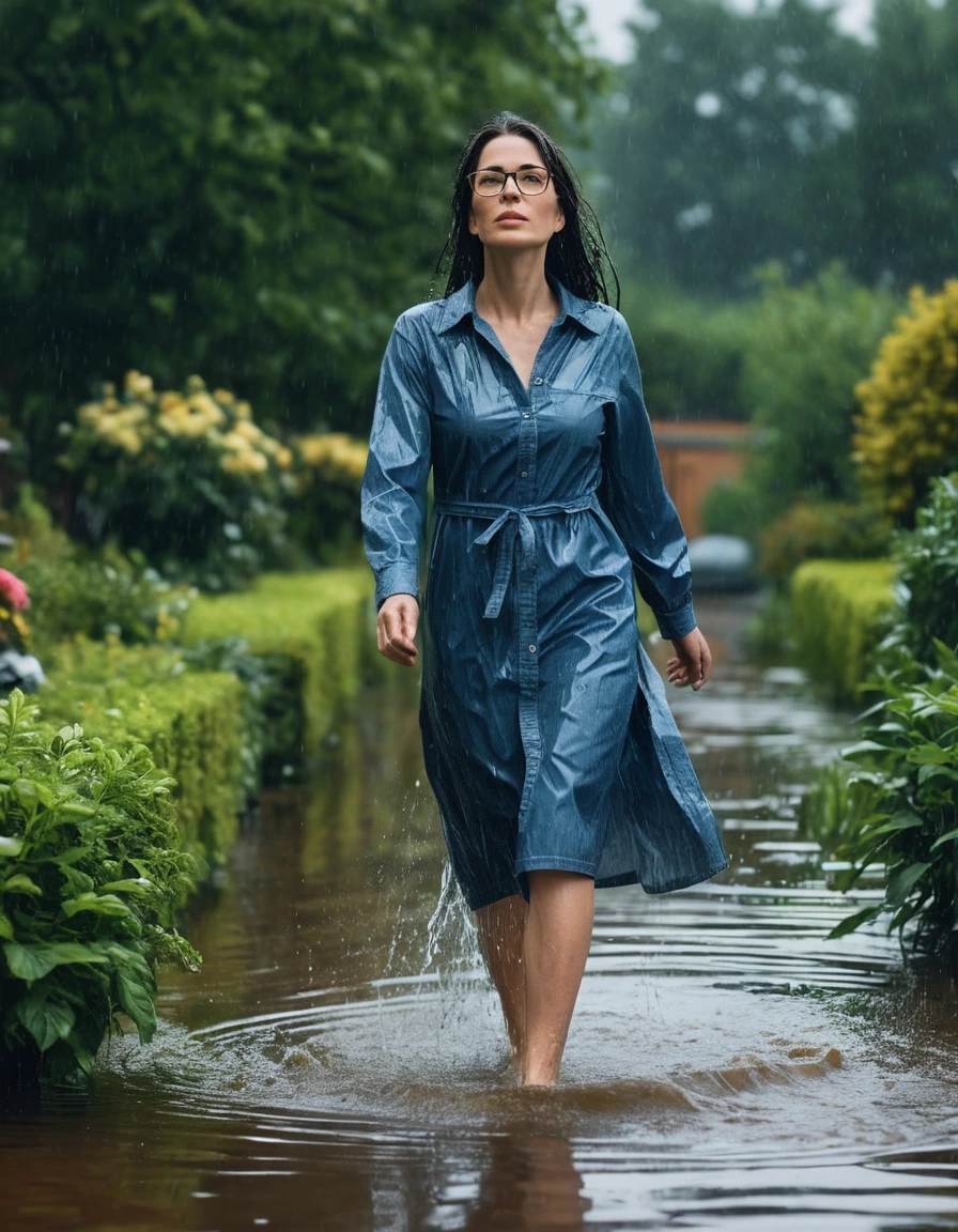 photo of young woman, in soaking wet, drenched clothes,
Sport shoes , midi blue jeans dress with long sleeves, midi blue jeans dress with long sleeves, walking in hard rain in flooded garden, 
enjoying, wet clothes stuck to body,
detailed textures of the wet clothes, wet face, wet plastered hair,
wet, drenched, professional, high-quality details, full body view.
sharp focus, ultra-high pixel detail, realistic, high-quality, full colors, incredibly detailed, 4k, 8k, 16k, hyper-realistic, RAW photo, masterpiece, ultra-detailed, professionally color graded, professional photograph, woman 51 years old, long black hair, very big and thick lips, office glasses, complete body, open mouth