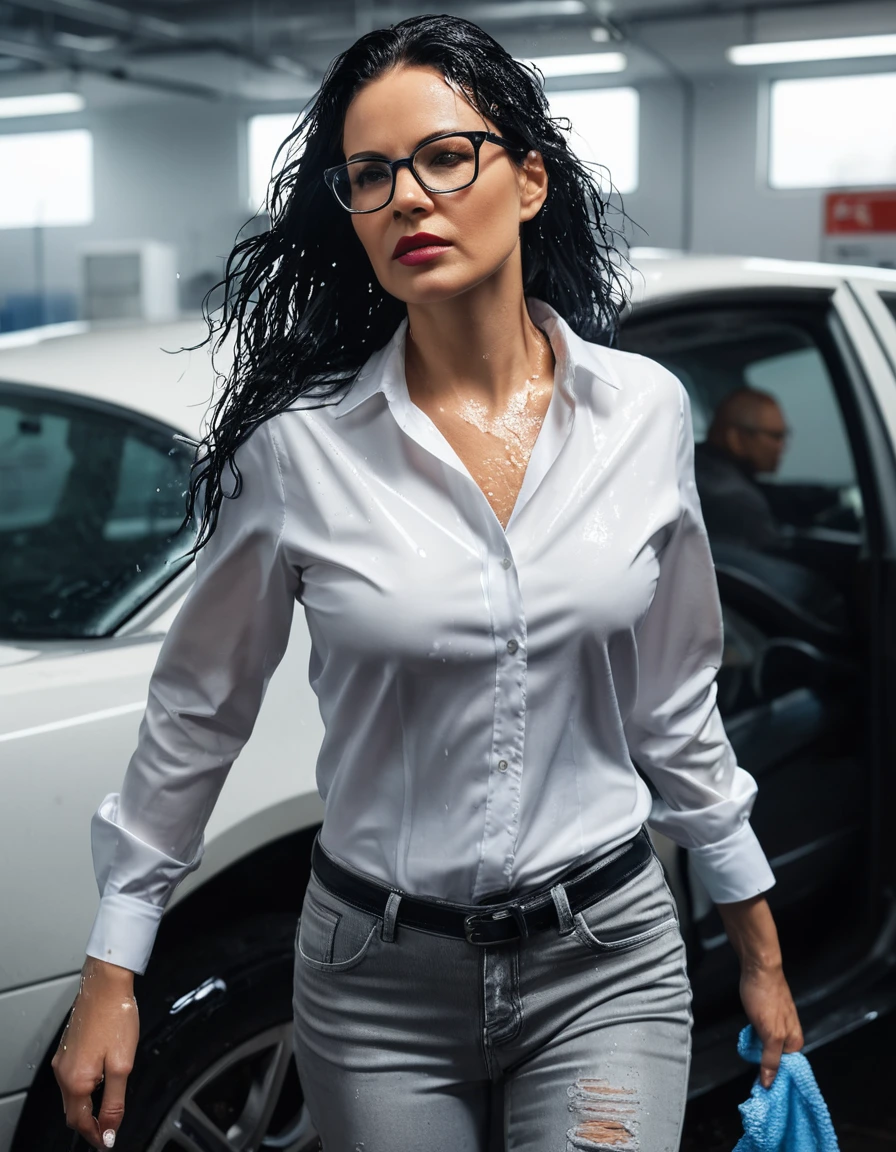 photo of young woman, in soaking wet, drenched clothes,
office shoes , long white tight jeans, white silk satin shirt, walking in the carwash, 
enjoying, wet clothes stuck to body,
detailed textures of the wet clothes, wet face, wet plastered hair,
wet, drenched, professional, high-quality details, full body view.
sharp focus, ultra-high pixel detail, realistic, high-quality, full colors, incredibly detailed, 4k, 8k, 16k, hyper-realistic, RAW photo, masterpiece, ultra-detailed, professionally color graded, professional photograph, woman 51 years old, long black hair, very big and thick lips, office glasses, complete body, open mouth