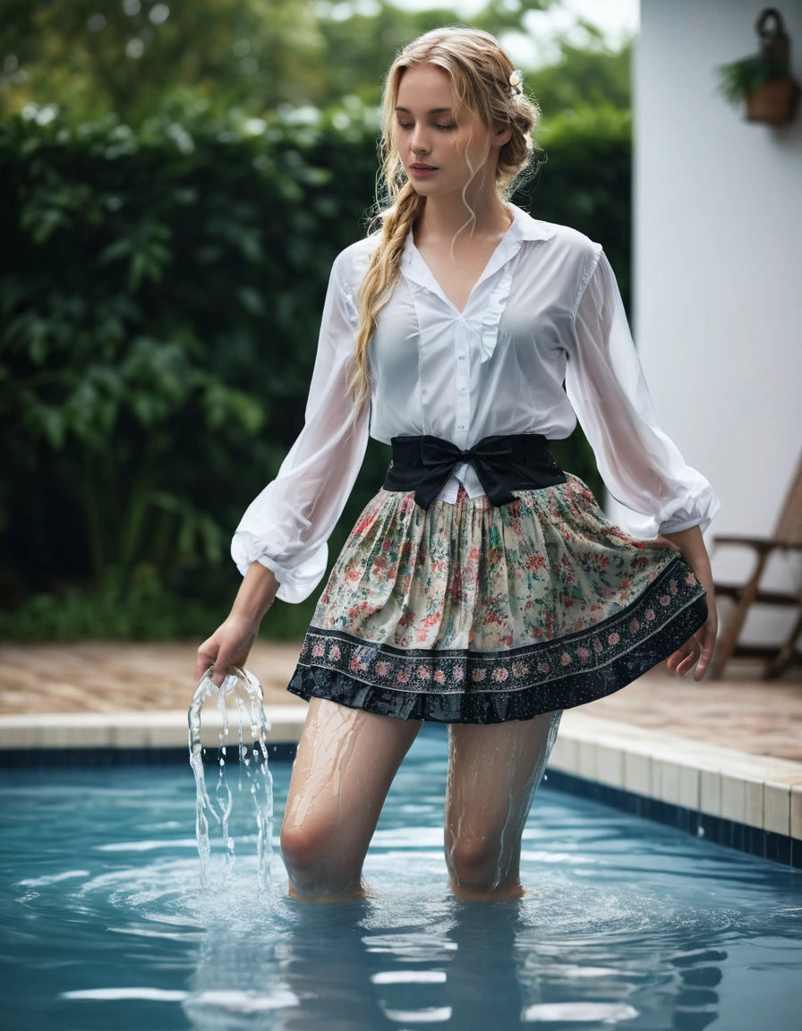 photo of young woman, in soaking wet, drenched clothes,
high heels,  long floral peasant skirt, nude stockings, garter belt, white peasant blouse, wading waist deep in a pool, 
enjoying, wet clothes stuck to body,
detailed textures of the wet clothes, wet face, wet plastered hair,
wet, drenched, professional, high-quality details, full body view.
sharp focus, ultra-high pixel detail, realistic, high-quality, full colors, incredibly detailed, 4k, 8k, 16k, hyper-realistic, RAW photo, masterpiece, ultra-detailed, professionally color graded, professional photograph, wet long blonde hair