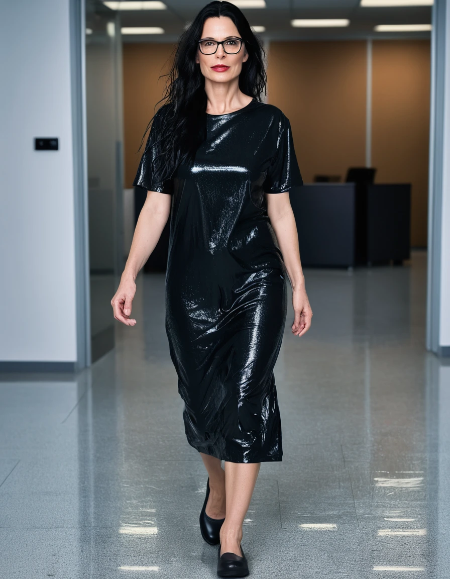photo of young woman, in soaking wet, drenched clothes,
office shoes , long black t-shirt dress, long black t-shirt dress, walking in the office, 
enjoying, wet clothes stuck to body,
detailed textures of the wet clothes, wet face, wet plastered hair,
wet, drenched, professional, high-quality details, full body view.
sharp focus, ultra-high pixel detail, realistic, high-quality, full colors, incredibly detailed, 4k, 8k, 16k, hyper-realistic, RAW photo, masterpiece, ultra-detailed, professionally color graded, professional photograph, woman 51 years old, long black hair, very big and thick lips, office glasses, complete body, open mouth