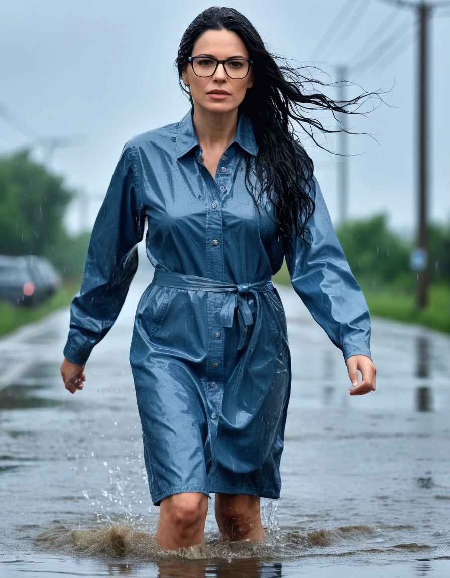 photo of young woman, in soaking wet, drenched clothes,
Sport shoes , long blue jeans dress with long sleeves, long blue jeans dress with long sleeves, walking in hard rain, 
enjoying, wet clothes stuck to body,
detailed textures of the wet clothes, wet face, wet plastered hair,
wet, drenched, professional, high-quality details, full body view.
sharp focus, ultra-high pixel detail, realistic, high-quality, full colors, incredibly detailed, 4k, 8k, 16k, hyper-realistic, RAW photo, masterpiece, ultra-detailed, professionally color graded, professional photograph, woman 51 years old, long black hair, very big and thick lips, office glasses, complete body, open mouth
