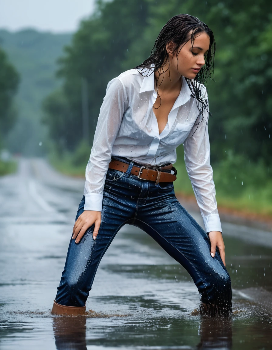 photo of young woman, in soaking wet, drenched clothes,
nylon, wet shiny tight dark blue jeans with belt, white seetrough blouse, On the road, 
enjoying, wet clothes stuck to body,
detailed textures of the wet clothes, wet face, wet plastered hair,
wet, drenched, professional, high-quality details, full body view.
sharp focus, ultra-high pixel detail, realistic, high-quality, full colors, incredibly detailed, 4k, 8k, 16k, hyper-realistic, RAW photo, masterpiece, ultra-detailed, professionally color graded, professional photograph, 40 years curvy woman showing off in the rain in her tight dark blue jeans that are all shiny and wet, she is bending over showing how wet and shiny her wet jeans butt have become, show complete body from behind