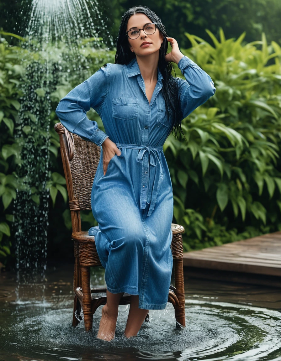 photo of young woman, in soaking wet, drenched clothes,
Sport shoes , maxi blue jeans dress with long sleeves, maxi blue jeans dress with long sleeves, taking shower on the chair in the flooded garden, 
enjoying, wet clothes stuck to body,
detailed textures of the wet clothes, wet face, wet plastered hair,
wet, drenched, professional, high-quality details, full body view.
sharp focus, ultra-high pixel detail, realistic, high-quality, full colors, incredibly detailed, 4k, 8k, 16k, hyper-realistic, RAW photo, masterpiece, ultra-detailed, professionally color graded, professional photograph, woman 51 years old, long black hair, very big and thick lips, office glasses, complete body, open mouth