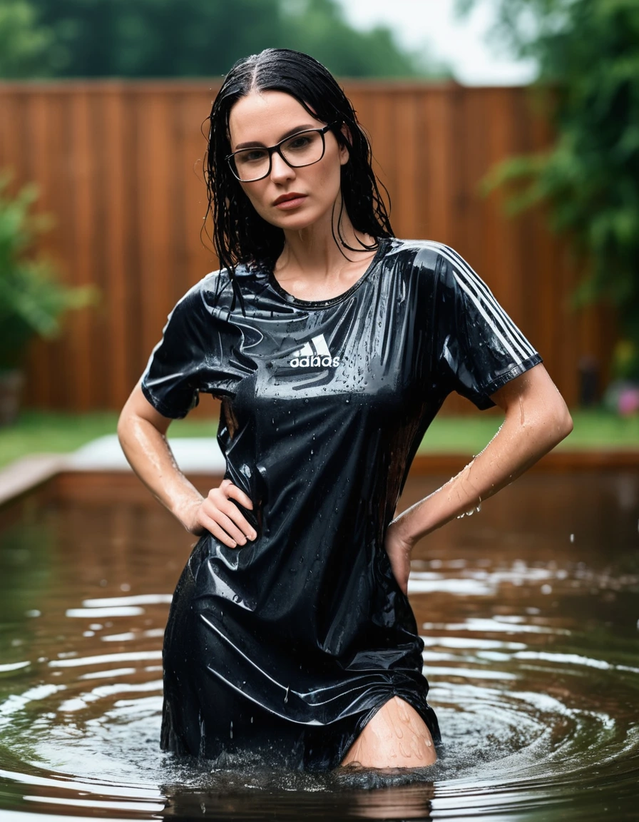 photo of young woman, in soaking wet, drenched clothes,
Sport shoes , long black adidas dress with short sleeves, long black adidas dress with short sleeves, taking shower complete submerged in the flooded garden, 
enjoying, wet clothes stuck to body,
detailed textures of the wet clothes, wet face, wet plastered hair,
wet, drenched, professional, high-quality details, full body view.
sharp focus, ultra-high pixel detail, realistic, high-quality, full colors, incredibly detailed, 4k, 8k, 16k, hyper-realistic, RAW photo, masterpiece, ultra-detailed, professionally color graded, professional photograph, woman 51 years old, long black hair, very big and thick lips, office glasses, complete body, open mouth