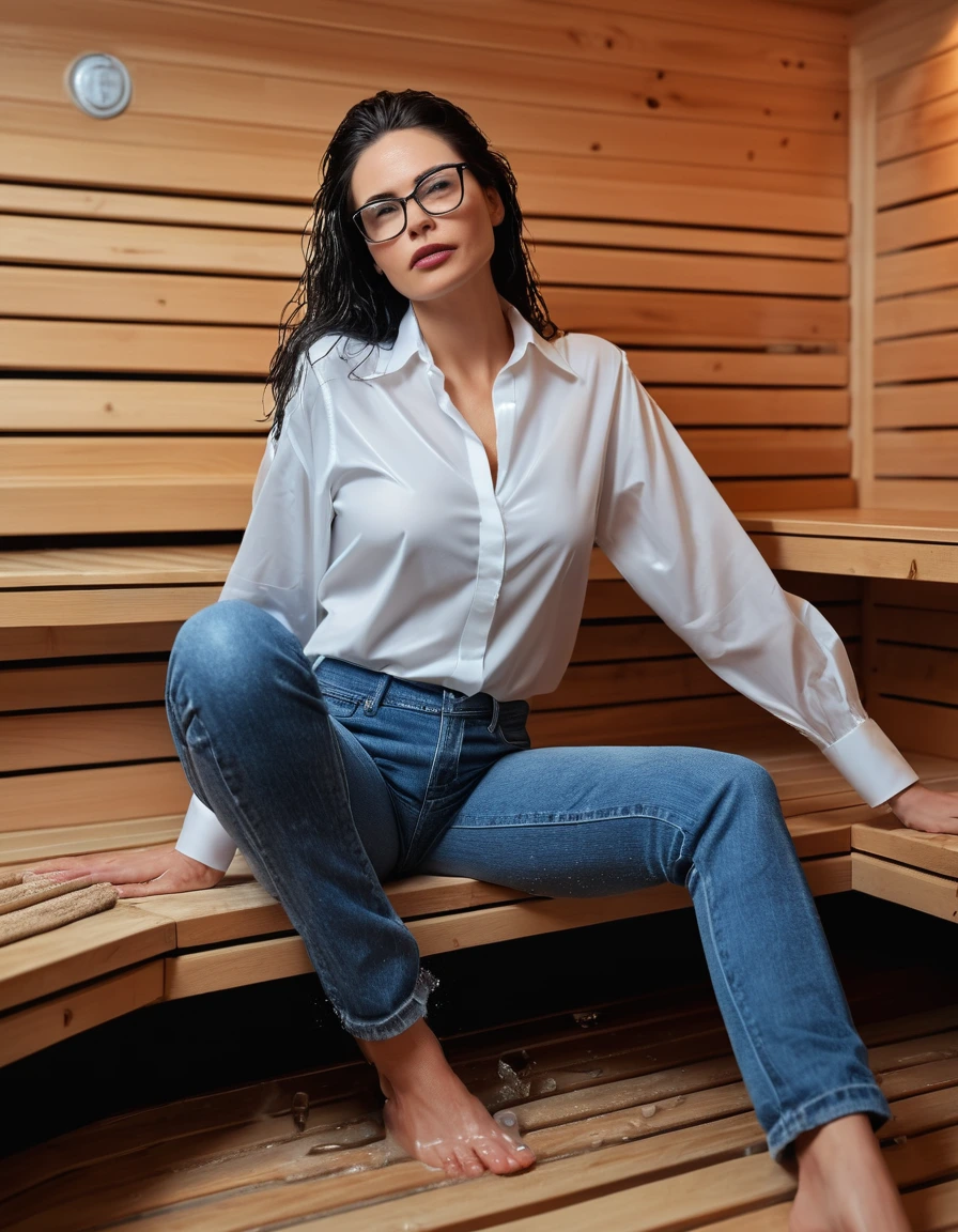 photo of young woman, in soaking wet, drenched clothes,
office shoes , long blue tight jeans, white silk satin shirt, submerged in the sauna, 
enjoying, wet clothes stuck to body,
detailed textures of the wet clothes, wet face, wet plastered hair,
wet, drenched, professional, high-quality details, full body view.
sharp focus, ultra-high pixel detail, realistic, high-quality, full colors, incredibly detailed, 4k, 8k, 16k, hyper-realistic, RAW photo, masterpiece, ultra-detailed, professionally color graded, professional photograph, woman 51 years old, long black hair, very big and thick lips, office glasses, complete body, open mouth