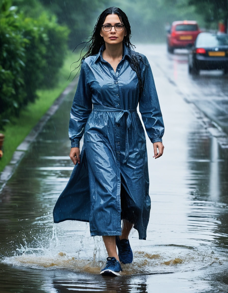 photo of young woman, in soaking wet, drenched clothes,
Sport shoes , long blue jeans dress with long sleeves, long blue jeans dress with long sleeves, walking in hard rain, 
enjoying, wet clothes stuck to body,
detailed textures of the wet clothes, wet face, wet plastered hair,
wet, drenched, professional, high-quality details, full body view.
sharp focus, ultra-high pixel detail, realistic, high-quality, full colors, incredibly detailed, 4k, 8k, 16k, hyper-realistic, RAW photo, masterpiece, ultra-detailed, professionally color graded, professional photograph, woman 51 years old, long black hair, very big and thick lips, office glasses, complete body, open mouth