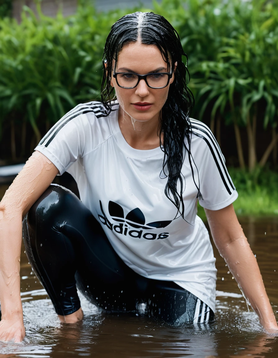 photo of young woman, in soaking wet, drenched clothes,
Sport shoes , long black adidas leggins, white adidas top with short sleeves, taking shower complete submerged in the flooded garden, 
enjoying, wet clothes stuck to body,
detailed textures of the wet clothes, wet face, wet plastered hair,
wet, drenched, professional, high-quality details, full body view.
sharp focus, ultra-high pixel detail, realistic, high-quality, full colors, incredibly detailed, 4k, 8k, 16k, hyper-realistic, RAW photo, masterpiece, ultra-detailed, professionally color graded, professional photograph, woman 51 years old, long black hair, very big and thick lips, office glasses, complete body, open mouth