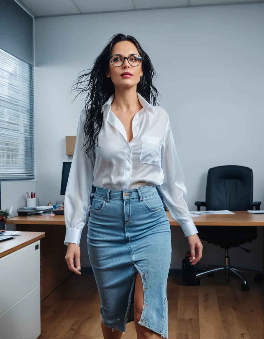 photo of young woman, in soaking wet, drenched clothes,
office shoes , maxi light blue jeans skirt, white silk satin shirt, walking in the office, 
enjoying, wet clothes stuck to body,
detailed textures of the wet clothes, wet face, wet plastered hair,
wet, drenched, professional, high-quality details, full body view.
sharp focus, ultra-high pixel detail, realistic, high-quality, full colors, incredibly detailed, 4k, 8k, 16k, hyper-realistic, RAW photo, masterpiece, ultra-detailed, professionally color graded, professional photograph, woman 51 years old, long black hair, very big and thick lips, office glasses, complete body, open mouth