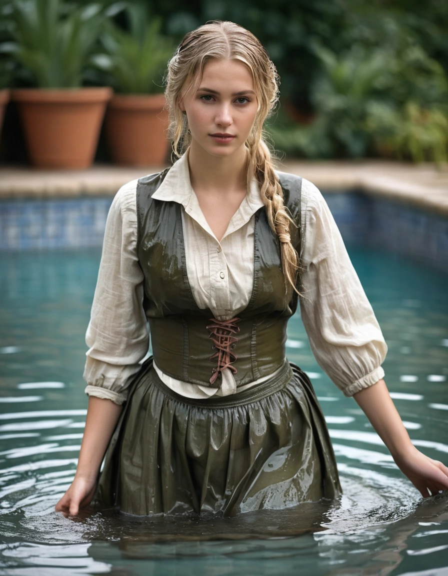 photo of young woman, in soaking wet, drenched clothes,
high heels,  long olive green peasant skirt, nude stockings, garter belt, linen peasant blouse, tight fitted vest, wading waist deep in a pool, 
enjoying, wet clothes stuck to body,
detailed textures of the wet clothes, wet face, wet plastered hair,
wet, drenched, professional, high-quality details, full body view.
sharp focus, ultra-high pixel detail, realistic, high-quality, full colors, incredibly detailed, 4k, 8k, 16k, hyper-realistic, RAW photo, masterpiece, ultra-detailed, professionally color graded, professional photograph, wet long blonde hair