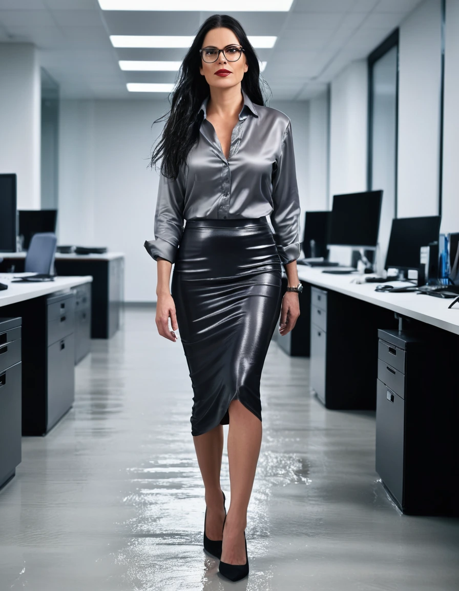 photo of young woman, in soaking wet, drenched clothes,
office shoes , long black tight skirt, gray silk satin shirt, walking in the office, 
enjoying, wet clothes stuck to body,
detailed textures of the wet clothes, wet face, wet plastered hair,
wet, drenched, professional, high-quality details, full body view.
sharp focus, ultra-high pixel detail, realistic, high-quality, full colors, incredibly detailed, 4k, 8k, 16k, hyper-realistic, RAW photo, masterpiece, ultra-detailed, professionally color graded, professional photograph, woman 51 years old, long black hair, very big and thick lips, office glasses, complete body, open mouth