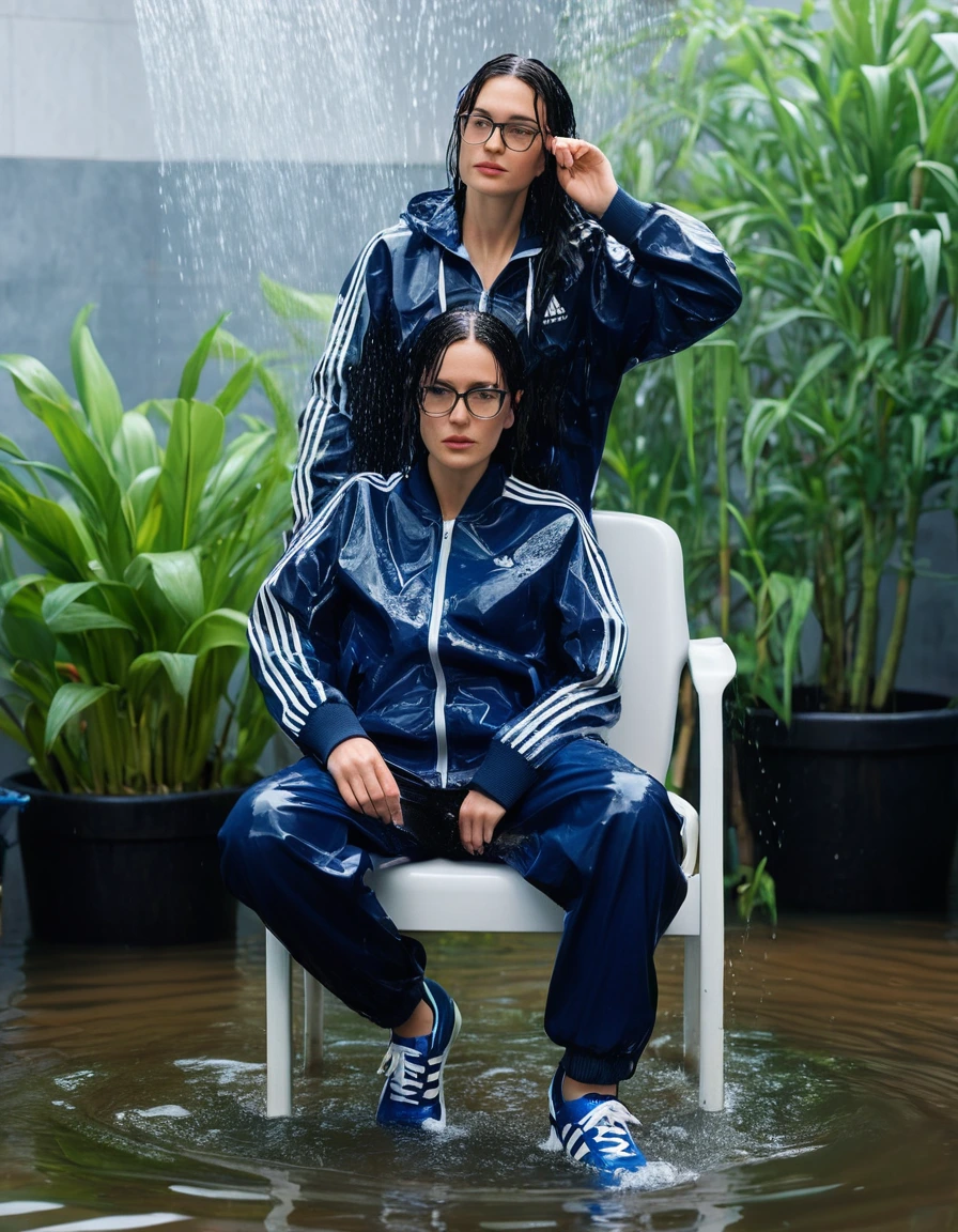 photo of young woman, in soaking wet, drenched clothes,
Sport shoes , long dark blue adidas trousers, black adidas jacket, taking shower on the chair complete submerged in the flooded garden, 
enjoying, wet clothes stuck to body,
detailed textures of the wet clothes, wet face, wet plastered hair,
wet, drenched, professional, high-quality details, full body view.
sharp focus, ultra-high pixel detail, realistic, high-quality, full colors, incredibly detailed, 4k, 8k, 16k, hyper-realistic, RAW photo, masterpiece, ultra-detailed, professionally color graded, professional photograph, woman 51 years old, long black hair, very big and thick lips, office glasses, complete body, open mouth