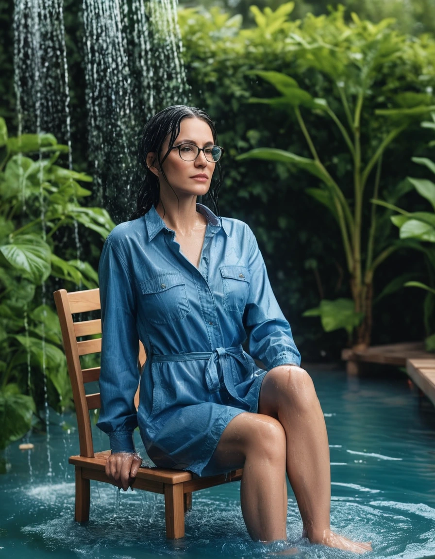 photo of young woman, in soaking wet, drenched clothes,
Sport shoes , midi blue jeans dress with long sleeves, midi blue jeans dress with long sleeves, taking shower on the chair in the flooded garden, 
enjoying, wet clothes stuck to body,
detailed textures of the wet clothes, wet face, wet plastered hair,
wet, drenched, professional, high-quality details, full body view.
sharp focus, ultra-high pixel detail, realistic, high-quality, full colors, incredibly detailed, 4k, 8k, 16k, hyper-realistic, RAW photo, masterpiece, ultra-detailed, professionally color graded, professional photograph, woman 51 years old, long black hair, very big and thick lips, office glasses, complete body, open mouth