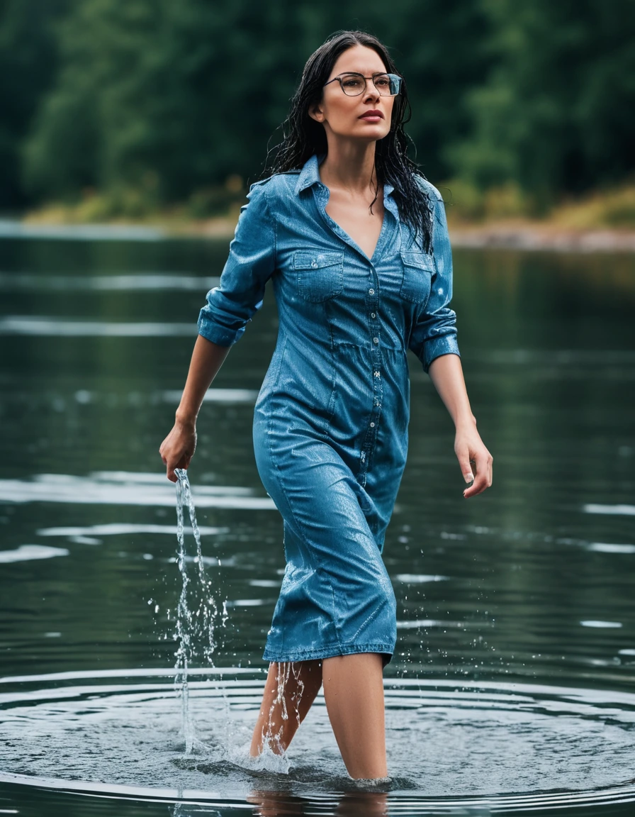 photo of young woman, in soaking wet, drenched clothes,
Sport shoes , midi tight light blue jeans dress, midi tight blue jeans dress, walking in deep suuny lake, 
enjoying, wet clothes stuck to body,
detailed textures of the wet clothes, wet face, wet plastered hair,
wet, drenched, professional, high-quality details, full body view.
sharp focus, ultra-high pixel detail, realistic, high-quality, full colors, incredibly detailed, 4k, 8k, 16k, hyper-realistic, RAW photo, masterpiece, ultra-detailed, professionally color graded, professional photograph, woman 51 years old, long black hair, very big and thick lips, office glasses, complete body, open mouth