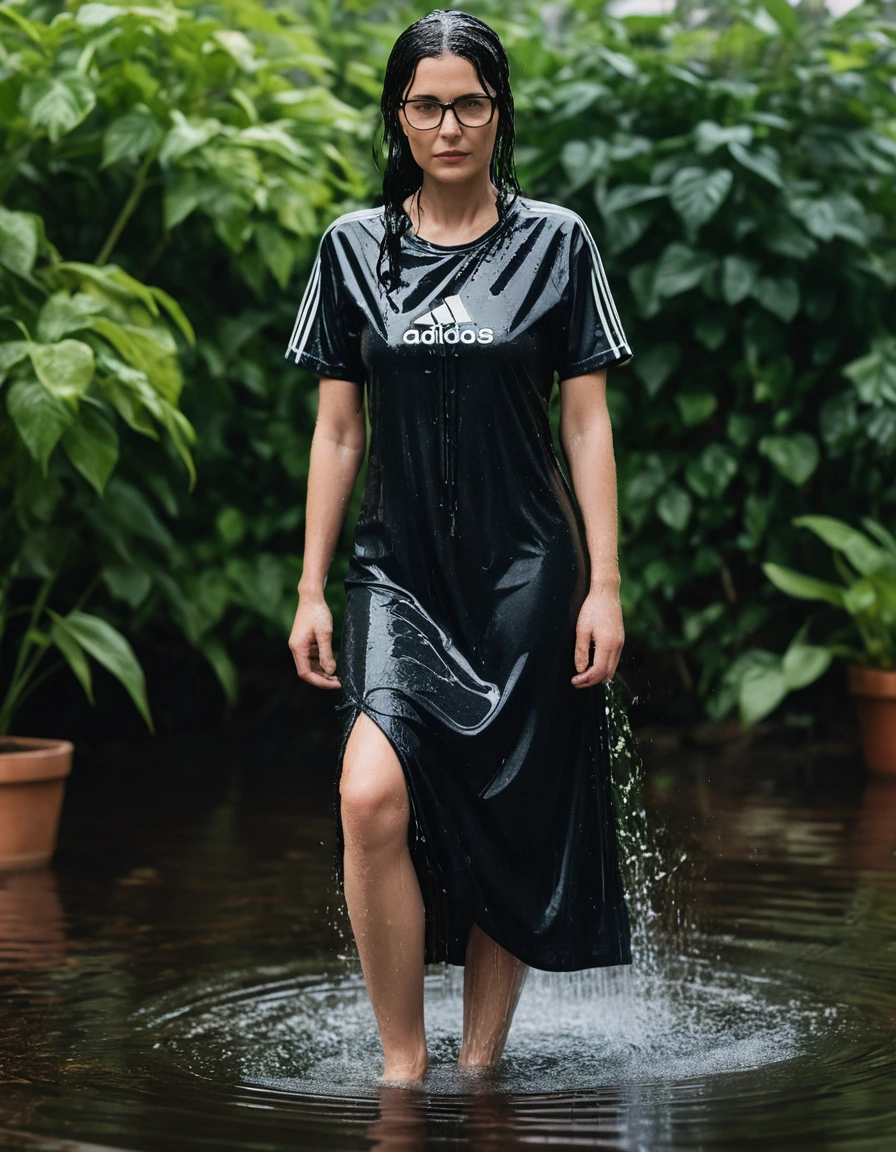photo of young woman, in soaking wet, drenched clothes,
Sport shoes , maxi black adidas dress with short sleeves, maxi black adidas dress with short sleeves, taking shower complete submerged in the flooded garden, 
enjoying, wet clothes stuck to body,
detailed textures of the wet clothes, wet face, wet plastered hair,
wet, drenched, professional, high-quality details, full body view.
sharp focus, ultra-high pixel detail, realistic, high-quality, full colors, incredibly detailed, 4k, 8k, 16k, hyper-realistic, RAW photo, masterpiece, ultra-detailed, professionally color graded, professional photograph, woman 51 years old, long black hair, very big and thick lips, office glasses, complete body, open mouth