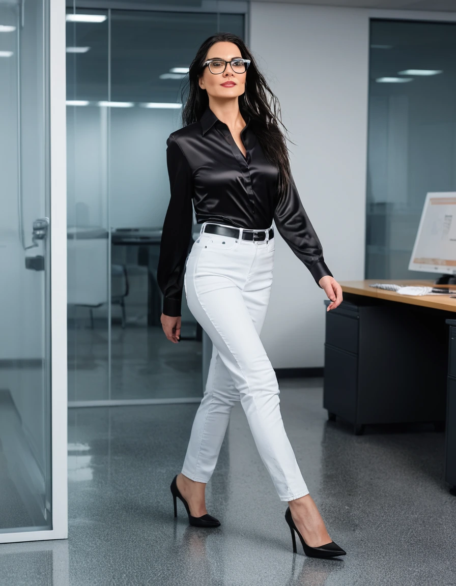 photo of young woman, in soaking wet, drenched clothes,
office shoes , long white tight jeans skirt, black silk satin shirt, walking in the office, 
enjoying, wet clothes stuck to body,
detailed textures of the wet clothes, wet face, wet plastered hair,
wet, drenched, professional, high-quality details, full body view.
sharp focus, ultra-high pixel detail, realistic, high-quality, full colors, incredibly detailed, 4k, 8k, 16k, hyper-realistic, RAW photo, masterpiece, ultra-detailed, professionally color graded, professional photograph, woman 51 years old, long black hair, very big and thick lips, office glasses, complete body, open mouth