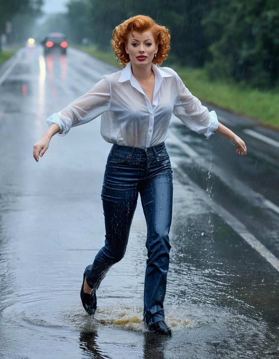 photo of young woman, in soaking wet, drenched clothes,
nylon, wet shiny tight dark blue jeans, white seetrough blouse, walking on the road, 
enjoying, wet clothes stuck to body,
detailed textures of the wet clothes, wet face, wet plastered hair,
wet, drenched, professional, high-quality details, full body view.
sharp focus, ultra-high pixel detail, realistic, high-quality, full colors, incredibly detailed, 4k, 8k, 16k, hyper-realistic, RAW photo, masterpiece, ultra-detailed, professionally color graded, professional photograph, Lucille Ball showing of in the rain in her tight dark blue jeans that are all shiny and wet, complete body in the picture, she is bending over showing how wet and shiny her wet jeans butt have become
