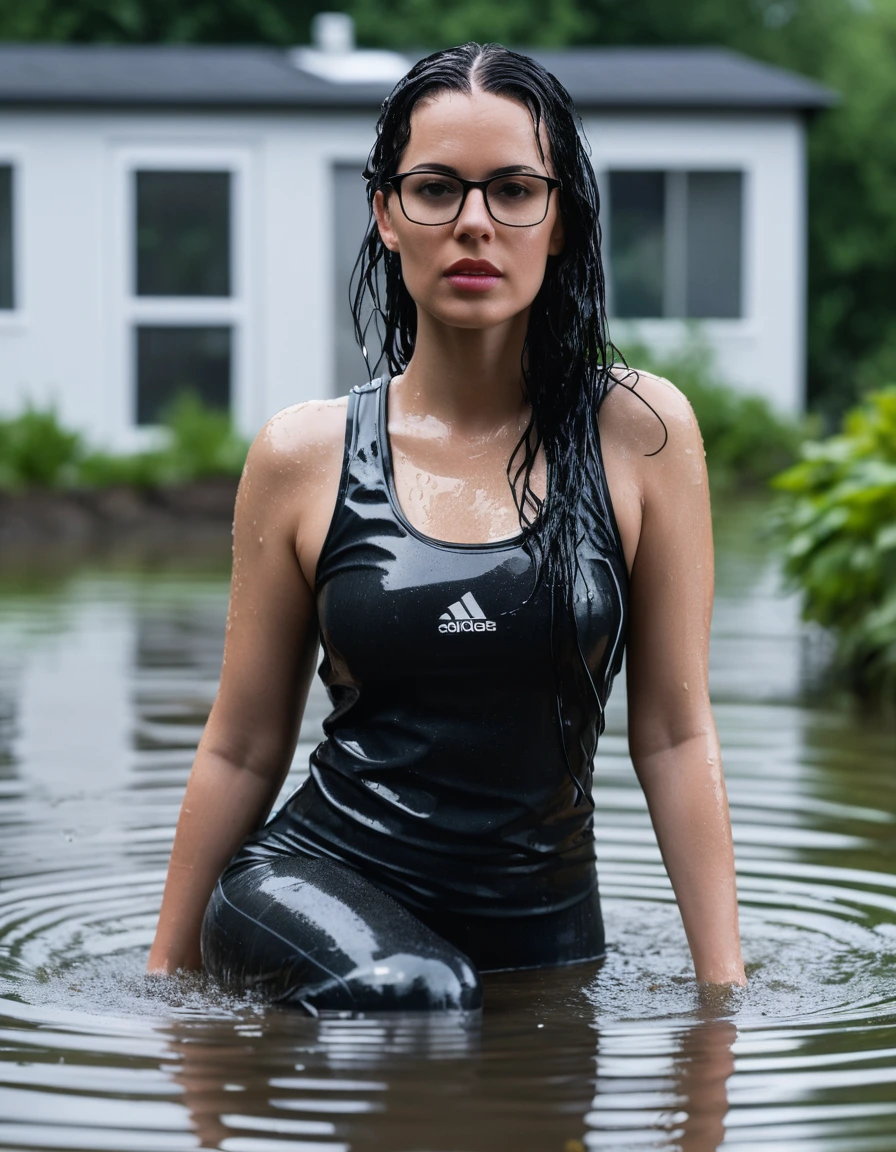 photo of young woman, in soaking wet, drenched clothes,
Sport shoes , long black adidas latex leggins, black latex adidas tank top, complete submerged in the flooded garden, 
enjoying, wet clothes stuck to body,
detailed textures of the wet clothes, wet face, wet plastered hair,
wet, drenched, professional, high-quality details, full body view.
sharp focus, ultra-high pixel detail, realistic, high-quality, full colors, incredibly detailed, 4k, 8k, 16k, hyper-realistic, RAW photo, masterpiece, ultra-detailed, professionally color graded, professional photograph, woman 51 years old, long black hair, very big and thick lips, office glasses, complete body, open mouth