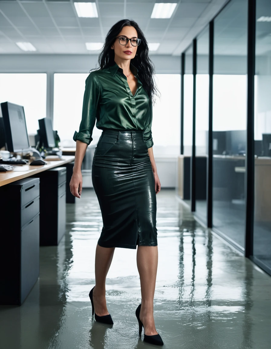 photo of young woman, in soaking wet, drenched clothes,
office shoes , long black tight denim leather skirt, dark green silk satin shirt, walking in the office, 
enjoying, wet clothes stuck to body,
detailed textures of the wet clothes, wet face, wet plastered hair,
wet, drenched, professional, high-quality details, full body view.
sharp focus, ultra-high pixel detail, realistic, high-quality, full colors, incredibly detailed, 4k, 8k, 16k, hyper-realistic, RAW photo, masterpiece, ultra-detailed, professionally color graded, professional photograph, woman 51 years old, long black hair, very big and thick lips, office glasses, complete body, open mouth