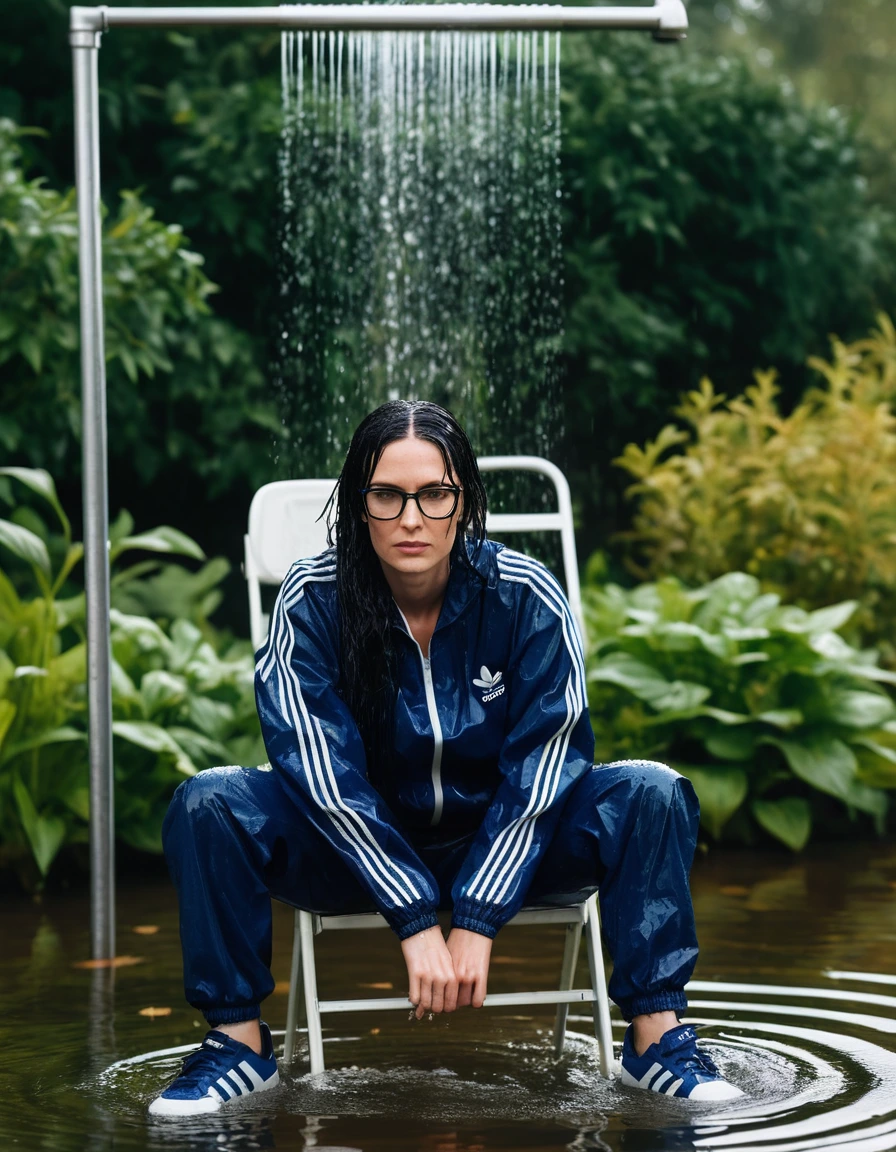 photo of young woman, in soaking wet, drenched clothes,
Sport shoes , long dark blue adidas trousers, black adidas jacket, taking shower on the chair complete submerged in the flooded garden, 
enjoying, wet clothes stuck to body,
detailed textures of the wet clothes, wet face, wet plastered hair,
wet, drenched, professional, high-quality details, full body view.
sharp focus, ultra-high pixel detail, realistic, high-quality, full colors, incredibly detailed, 4k, 8k, 16k, hyper-realistic, RAW photo, masterpiece, ultra-detailed, professionally color graded, professional photograph, woman 51 years old, long black hair, very big and thick lips, office glasses, complete body, open mouth