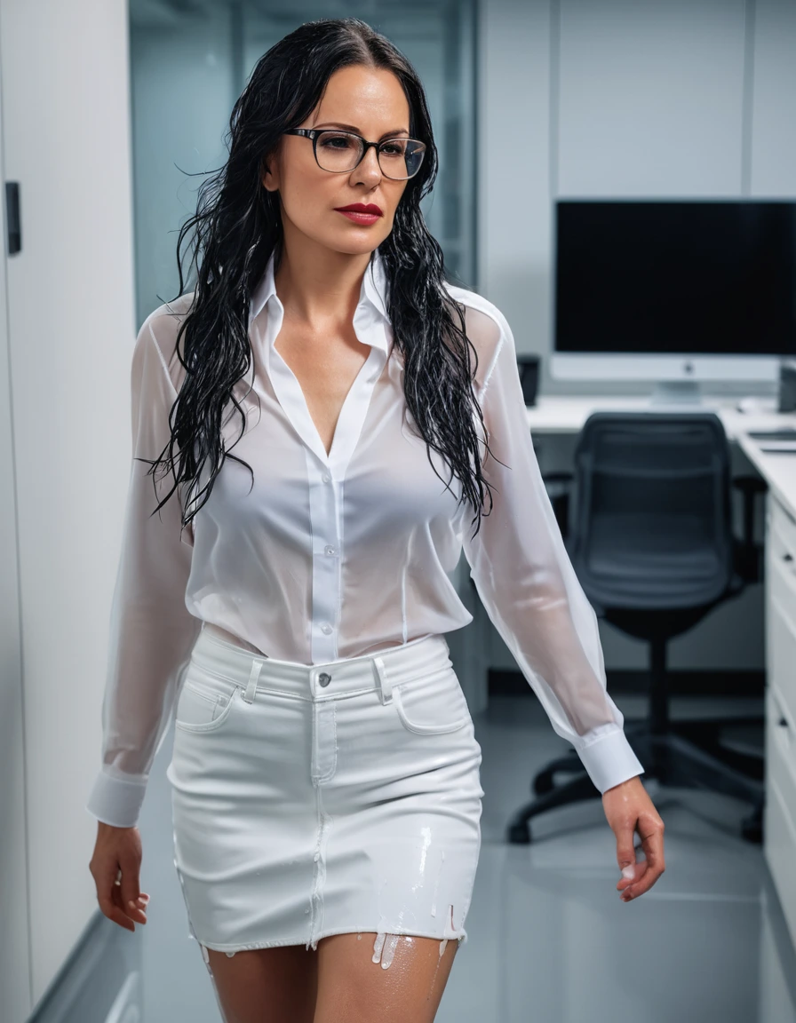 photo of young woman, in soaking wet, drenched clothes,
office shoes , white tight denim leather skirt, white silk satin shirt, walking in the office, 
enjoying, wet clothes stuck to body,
detailed textures of the wet clothes, wet face, wet plastered hair,
wet, drenched, professional, high-quality details, full body view.
sharp focus, ultra-high pixel detail, realistic, high-quality, full colors, incredibly detailed, 4k, 8k, 16k, hyper-realistic, RAW photo, masterpiece, ultra-detailed, professionally color graded, professional photograph, woman 51 years old, long black hair, very big and thick lips, office glasses, complete body, open mouth