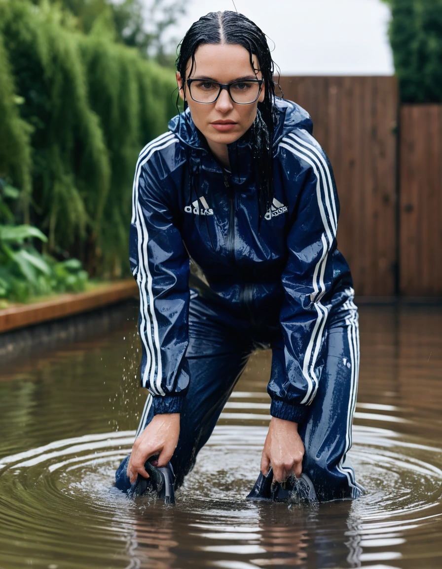photo of young woman, in soaking wet, drenched clothes,
Sport shoes , long dark blue adidas trousers, black adidas jacket, taking shower complete submerged in the flooded garden, 
enjoying, wet clothes stuck to body,
detailed textures of the wet clothes, wet face, wet plastered hair,
wet, drenched, professional, high-quality details, full body view.
sharp focus, ultra-high pixel detail, realistic, high-quality, full colors, incredibly detailed, 4k, 8k, 16k, hyper-realistic, RAW photo, masterpiece, ultra-detailed, professionally color graded, professional photograph, woman 51 years old, long black hair, very big and thick lips, office glasses, complete body, open mouth