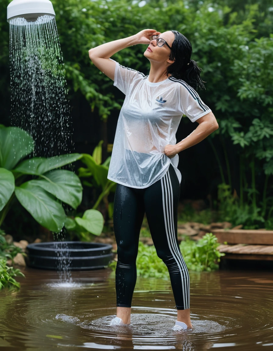 photo of young woman, in soaking wet, drenched clothes,
Sport shoes , long black adidas leggins, white adidas top with short sleeves, taking shower complete submerged in the flooded garden, 
enjoying, wet clothes stuck to body,
detailed textures of the wet clothes, wet face, wet plastered hair,
wet, drenched, professional, high-quality details, full body view.
sharp focus, ultra-high pixel detail, realistic, high-quality, full colors, incredibly detailed, 4k, 8k, 16k, hyper-realistic, RAW photo, masterpiece, ultra-detailed, professionally color graded, professional photograph, woman 51 years old, long black hair, very big and thick lips, office glasses, complete body, open mouth