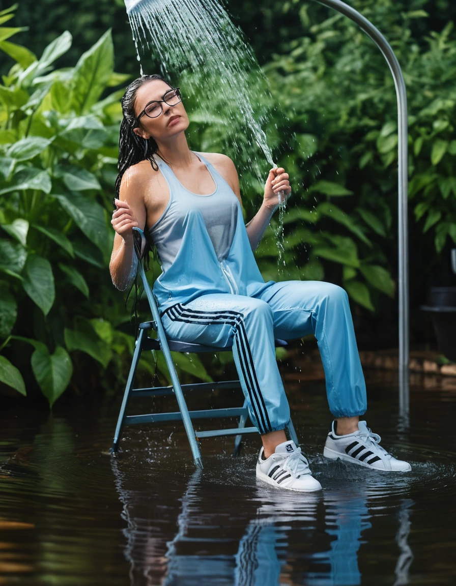 photo of young woman, in soaking wet, drenched clothes,
Sport shoes , long light blue adidas trousers, black adidas tank top, taking shower on the chair complete submerged in the flooded garden, 
enjoying, wet clothes stuck to body,
detailed textures of the wet clothes, wet face, wet plastered hair,
wet, drenched, professional, high-quality details, full body view.
sharp focus, ultra-high pixel detail, realistic, high-quality, full colors, incredibly detailed, 4k, 8k, 16k, hyper-realistic, RAW photo, masterpiece, ultra-detailed, professionally color graded, professional photograph, woman 51 years old, long black hair, very big and thick lips, office glasses, complete body, open mouth