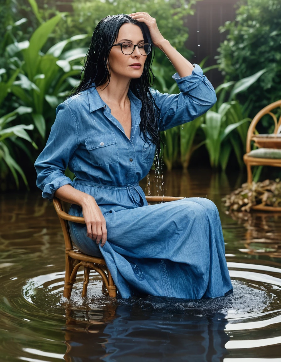 photo of young woman, in soaking wet, drenched clothes,
Sport shoes , maxi blue jeans dress with long sleeves, maxi blue jeans dress with long sleeves, taking shower on the chair submerged in the flooded garden, 
enjoying, wet clothes stuck to body,
detailed textures of the wet clothes, wet face, wet plastered hair,
wet, drenched, professional, high-quality details, full body view.
sharp focus, ultra-high pixel detail, realistic, high-quality, full colors, incredibly detailed, 4k, 8k, 16k, hyper-realistic, RAW photo, masterpiece, ultra-detailed, professionally color graded, professional photograph, woman 51 years old, long black hair, very big and thick lips, office glasses, complete body, open mouth