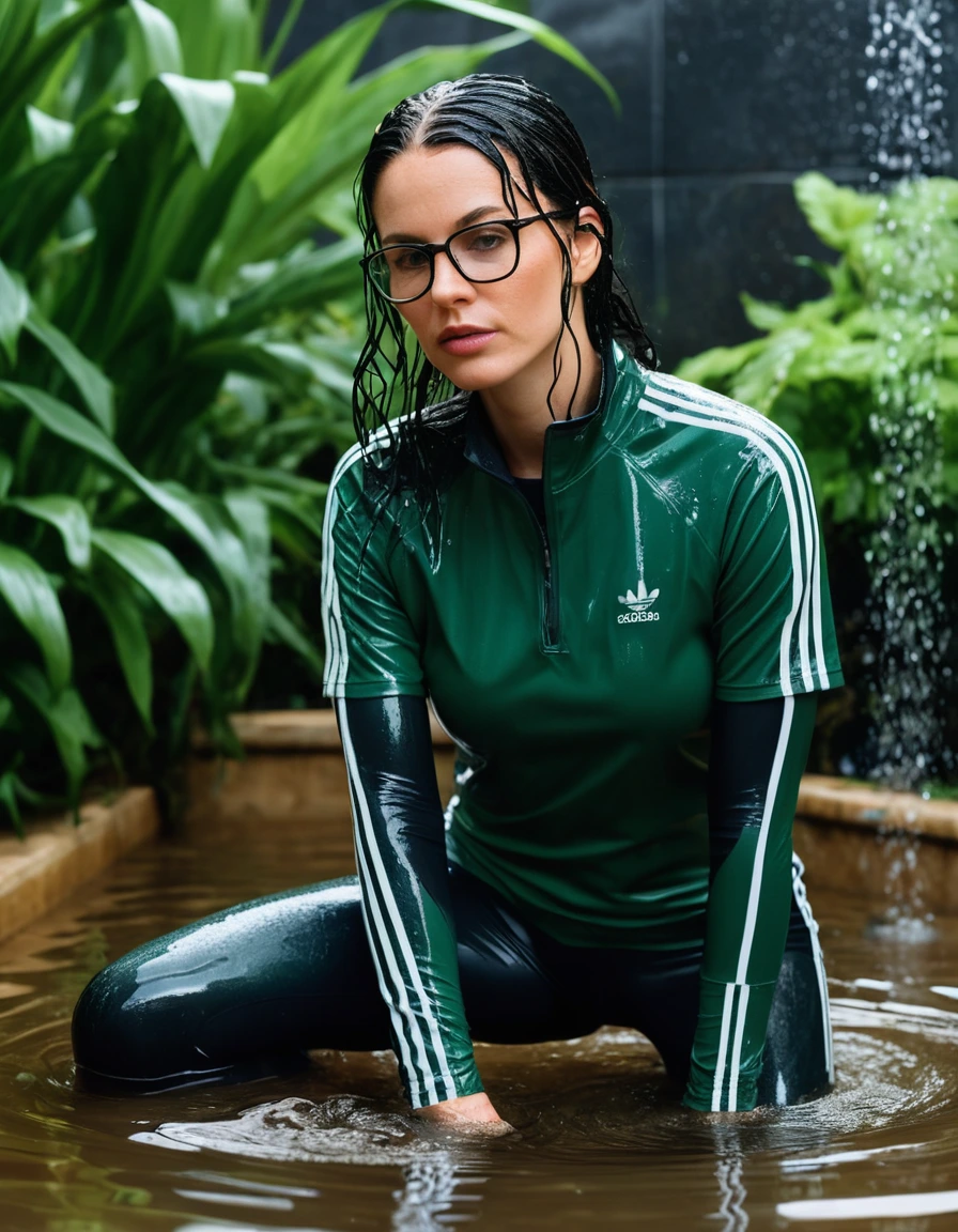 photo of young woman, in soaking wet, drenched clothes,
Sport shoes , long black adidas leggins, dark green adidas top with short sleeves, taking shower complete submerged in the flooded garden, 
enjoying, wet clothes stuck to body,
detailed textures of the wet clothes, wet face, wet plastered hair,
wet, drenched, professional, high-quality details, full body view.
sharp focus, ultra-high pixel detail, realistic, high-quality, full colors, incredibly detailed, 4k, 8k, 16k, hyper-realistic, RAW photo, masterpiece, ultra-detailed, professionally color graded, professional photograph, woman 51 years old, long black hair, very big and thick lips, office glasses, complete body, open mouth