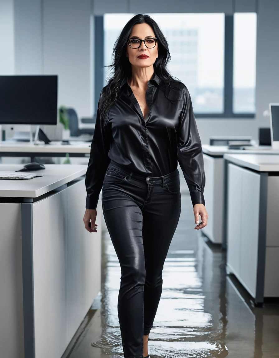 photo of young woman, in soaking wet, drenched clothes,
office shoes , long black tight jeans, black silk satin shirt, walking in the office, 
enjoying, wet clothes stuck to body,
detailed textures of the wet clothes, wet face, wet plastered hair,
wet, drenched, professional, high-quality details, full body view.
sharp focus, ultra-high pixel detail, realistic, high-quality, full colors, incredibly detailed, 4k, 8k, 16k, hyper-realistic, RAW photo, masterpiece, ultra-detailed, professionally color graded, professional photograph, woman 51 years old, long black hair, very big and thick lips, office glasses, complete body, open mouth