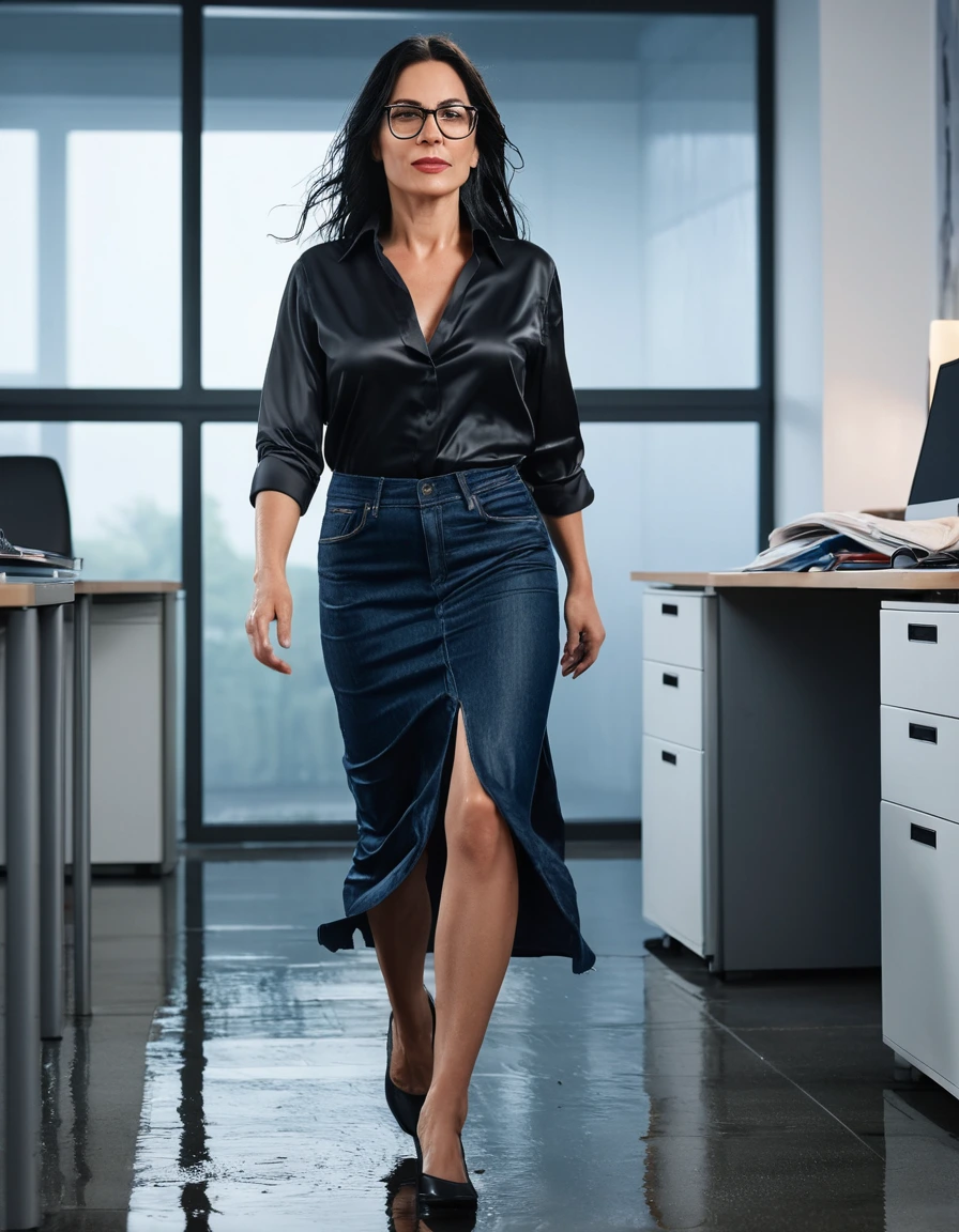 photo of young woman, in soaking wet, drenched clothes,
office shoes , long blue jeans skirt, black silk satin shirt, walking in the office, 
enjoying, wet clothes stuck to body,
detailed textures of the wet clothes, wet face, wet plastered hair,
wet, drenched, professional, high-quality details, full body view.
sharp focus, ultra-high pixel detail, realistic, high-quality, full colors, incredibly detailed, 4k, 8k, 16k, hyper-realistic, RAW photo, masterpiece, ultra-detailed, professionally color graded, professional photograph, woman 51 years old, long black hair, very big and thick lips, office glasses, complete body, open mouth