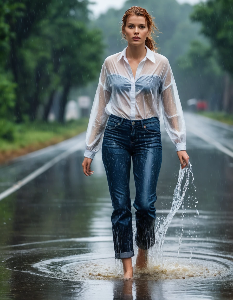 photo of young woman, in soaking wet, drenched clothes,
nylon, wet shinney dark blue jeans, white seetrough blouse, walking on the road, 
enjoying, wet clothes stuck to body,
detailed textures of the wet clothes, wet face, wet plastered hair,
wet, drenched, professional, high-quality details, full body view.
sharp focus, ultra-high pixel detail, realistic, high-quality, full colors, incredibly detailed, 4k, 8k, 16k, hyper-realistic, RAW photo, masterpiece, ultra-detailed, professionally color graded, professional photograph, Lucile Ball walking in the rain, her jeans are all shiny and wet, complete body in the picture