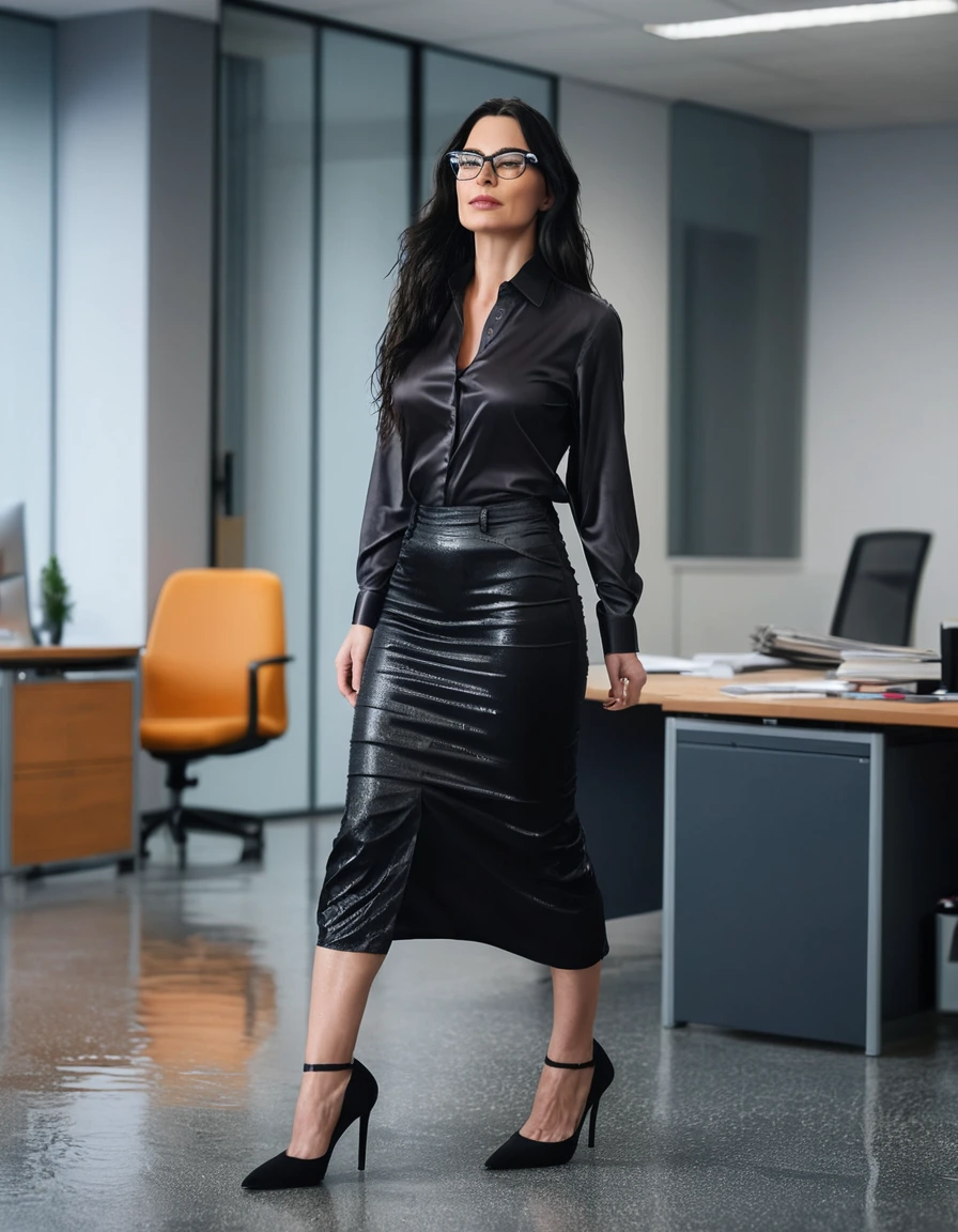 photo of young woman, in soaking wet, drenched clothes,
office shoes , long black tight jeans skirt, black silk satin shirt, walking in the office, 
enjoying, wet clothes stuck to body,
detailed textures of the wet clothes, wet face, wet plastered hair,
wet, drenched, professional, high-quality details, full body view.
sharp focus, ultra-high pixel detail, realistic, high-quality, full colors, incredibly detailed, 4k, 8k, 16k, hyper-realistic, RAW photo, masterpiece, ultra-detailed, professionally color graded, professional photograph, woman 51 years old, long black hair, very big and thick lips, office glasses, complete body, open mouth