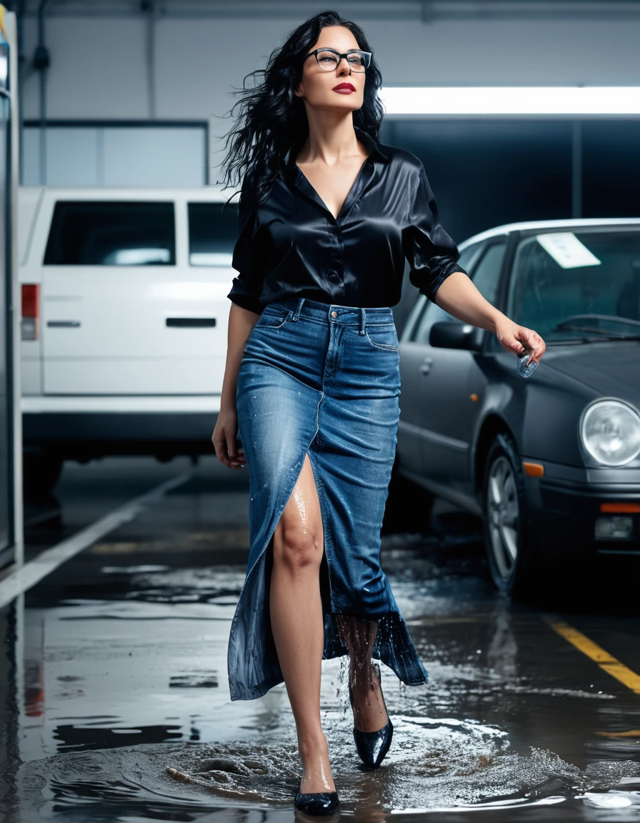 photo of young woman, in soaking wet, drenched clothes,
office shoes , maxi blue jeans skirt, black silk satin shirt, walking in the carwash, 
enjoying, wet clothes stuck to body,
detailed textures of the wet clothes, wet face, wet plastered hair,
wet, drenched, professional, high-quality details, full body view.
sharp focus, ultra-high pixel detail, realistic, high-quality, full colors, incredibly detailed, 4k, 8k, 16k, hyper-realistic, RAW photo, masterpiece, ultra-detailed, professionally color graded, professional photograph, woman 51 years old, long black hair, very big and thick lips, office glasses, complete body, open mouth