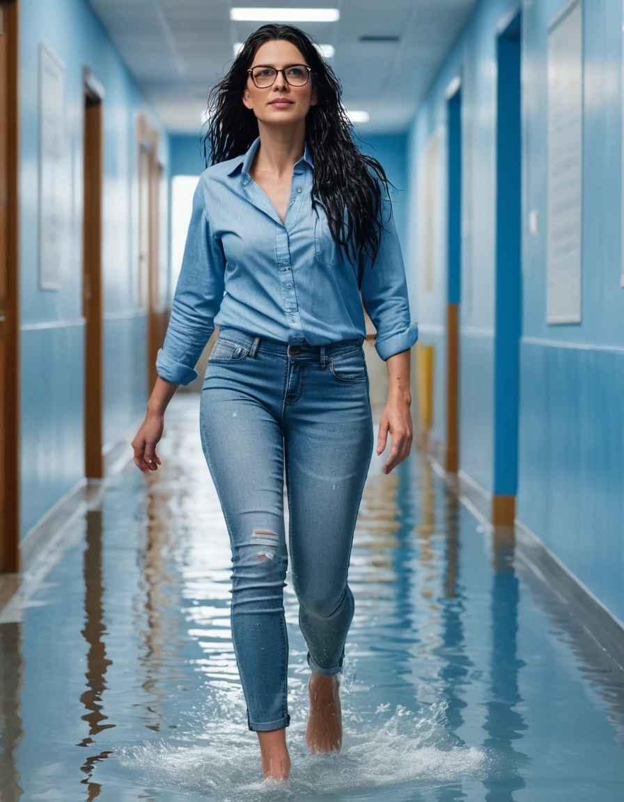 photo of young woman, in soaking wet, drenched clothes,
office shoes , long light blue tight jeans, light blue denim shirt, walking in the school hall, 
enjoying, wet clothes stuck to body,
detailed textures of the wet clothes, wet face, wet plastered hair,
wet, drenched, professional, high-quality details, full body view.
sharp focus, ultra-high pixel detail, realistic, high-quality, full colors, incredibly detailed, 4k, 8k, 16k, hyper-realistic, RAW photo, masterpiece, ultra-detailed, professionally color graded, professional photograph, woman 51 years old, long black hair, very big and thick lips, office glasses, complete body, open mouth