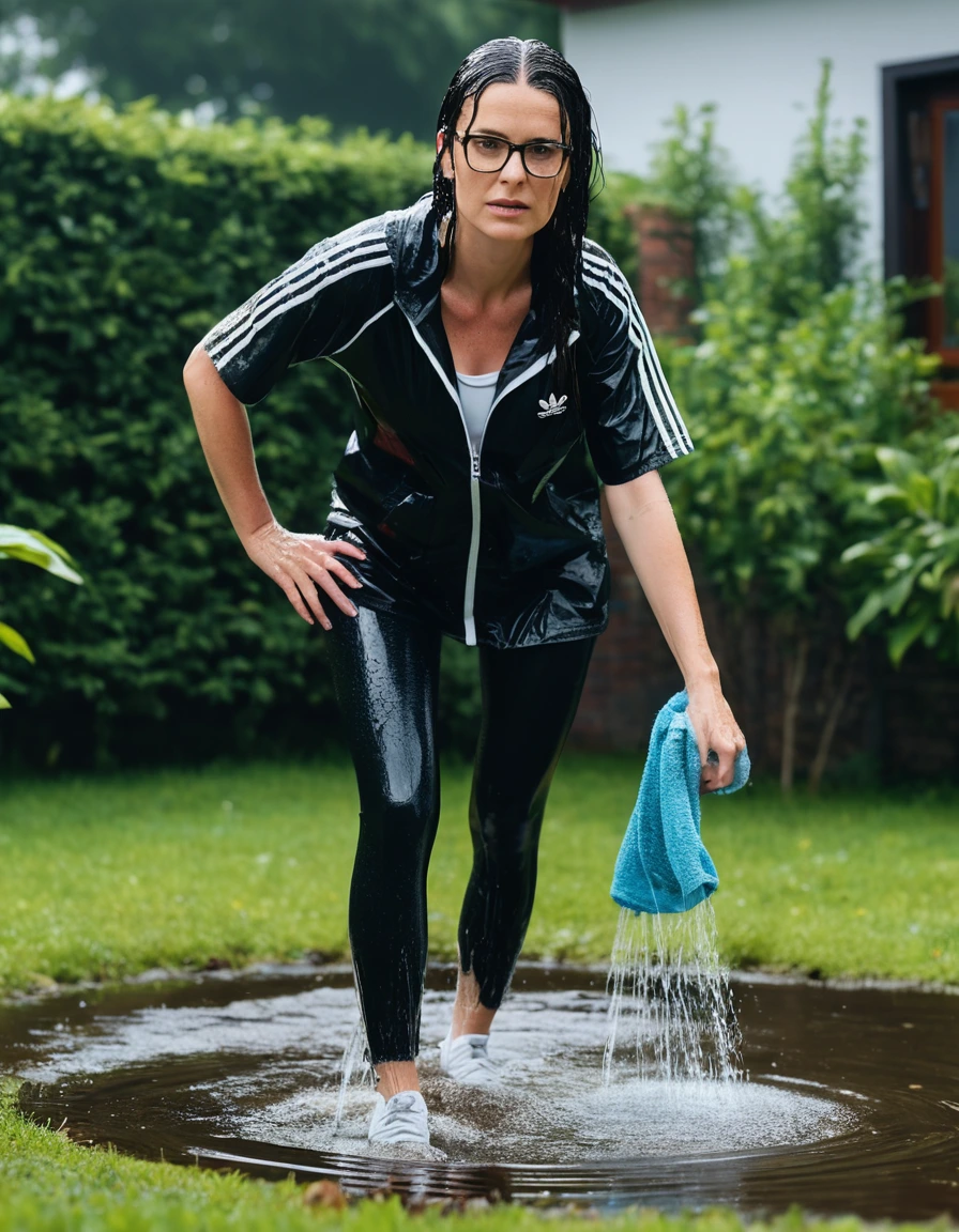 photo of young woman, in soaking wet, drenched clothes,
Sport shoes , long black adidas leggins, white adidas top with short sleeves, taking shower complete submerged in the flooded garden, 
enjoying, wet clothes stuck to body,
detailed textures of the wet clothes, wet face, wet plastered hair,
wet, drenched, professional, high-quality details, full body view.
sharp focus, ultra-high pixel detail, realistic, high-quality, full colors, incredibly detailed, 4k, 8k, 16k, hyper-realistic, RAW photo, masterpiece, ultra-detailed, professionally color graded, professional photograph, woman 51 years old, long black hair, very big and thick lips, office glasses, complete body, open mouth