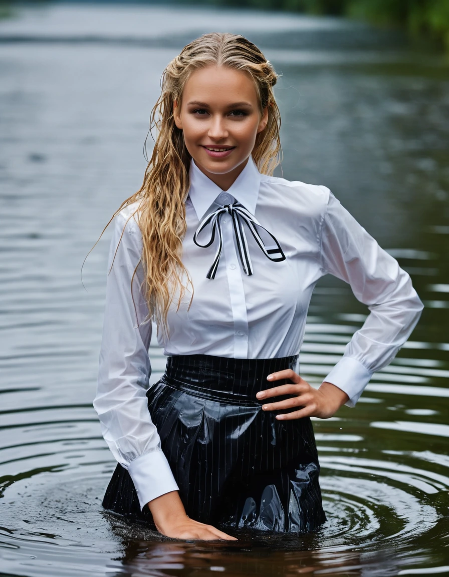 photo of young woman, in soaking wet, drenched clothes,
black pinstriped skirt., {{white, most extreme high collar stand}} and white french cuffs of a formal, long sleeved, silver striped, shiny white satin shirt, knotted above the belly button., , 
enjoying, wet clothes stuck to body,
detailed textures of the wet clothes, wet face, wet plastered hair,
wet, drenched, professional, high-quality details, full body view.
sharp focus, ultra-high pixel detail, realistic, high-quality, full colors, incredibly detailed, 4k, 8k, 16k, hyper-realistic, RAW photo, masterpiece, ultra-detailed, professionally color graded, professional photograph,  three pearl necklaces.

in a rain forest pond.
Professional wet fashion shooting. the wet body of a smiling, 33 year-old, beautiful, suntanned, classy woman with very long, blonde hair. wet clothes. clear water. view on collar. professional photography. realistic, sharp focus, highly detailed textures, best quality, UHD, masterpiece