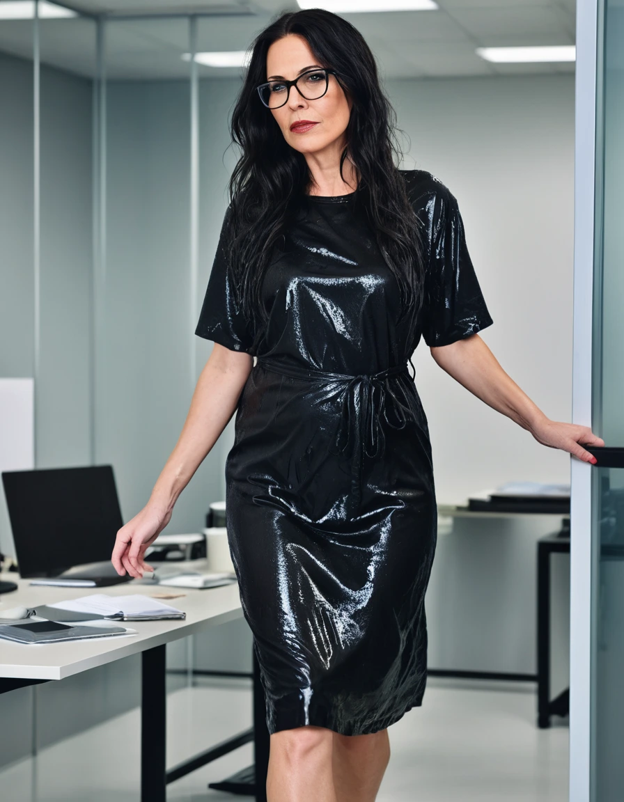 photo of young woman, in soaking wet, drenched clothes,
office shoes , long black t-shirt dress, long black t-shirt dress, walking in the office, 
enjoying, wet clothes stuck to body,
detailed textures of the wet clothes, wet face, wet plastered hair,
wet, drenched, professional, high-quality details, full body view.
sharp focus, ultra-high pixel detail, realistic, high-quality, full colors, incredibly detailed, 4k, 8k, 16k, hyper-realistic, RAW photo, masterpiece, ultra-detailed, professionally color graded, professional photograph, woman 51 years old, long black hair, very big and thick lips, office glasses, complete body, open mouth