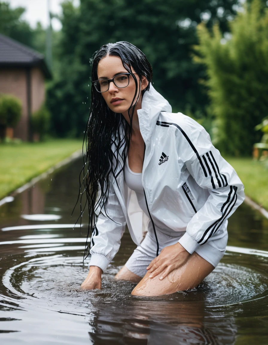photo of young woman, in soaking wet, drenched clothes,
Sport shoes , long white adidas trousers, white adidas jacket, taking shower complete submerged in the flooded garden, 
enjoying, wet clothes stuck to body,
detailed textures of the wet clothes, wet face, wet plastered hair,
wet, drenched, professional, high-quality details, full body view.
sharp focus, ultra-high pixel detail, realistic, high-quality, full colors, incredibly detailed, 4k, 8k, 16k, hyper-realistic, RAW photo, masterpiece, ultra-detailed, professionally color graded, professional photograph, woman 51 years old, long black hair, very big and thick lips, office glasses, complete body, open mouth
