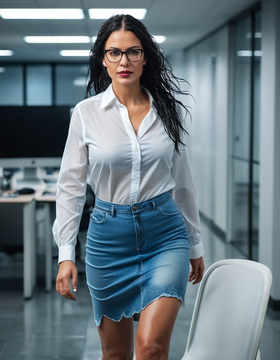 photo of young woman, in soaking wet, drenched clothes,
office shoes , midi light blue tight jeans skirt, white silk satin shirt, walking in the office, 
enjoying, wet clothes stuck to body,
detailed textures of the wet clothes, wet face, wet plastered hair,
wet, drenched, professional, high-quality details, full body view.
sharp focus, ultra-high pixel detail, realistic, high-quality, full colors, incredibly detailed, 4k, 8k, 16k, hyper-realistic, RAW photo, masterpiece, ultra-detailed, professionally color graded, professional photograph, woman 51 years old, long black hair, very big and thick lips, office glasses, complete body, open mouth