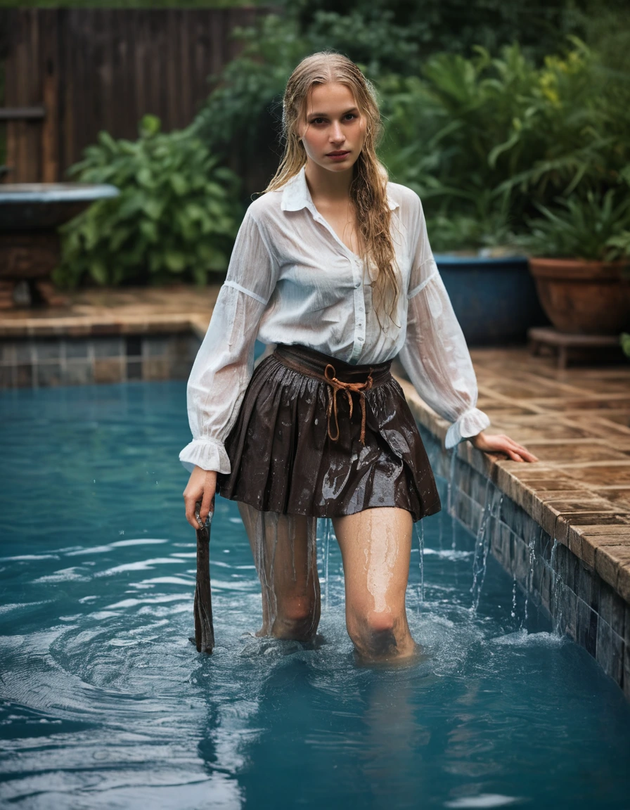 photo of young woman, in soaking wet, drenched clothes,
high heels,  long peasant skirt, nude stockings, garter belt, linen peasant blouse, wading waist deep in a pool, 
enjoying, wet clothes stuck to body,
detailed textures of the wet clothes, wet face, wet plastered hair,
wet, drenched, professional, high-quality details, full body view.
sharp focus, ultra-high pixel detail, realistic, high-quality, full colors, incredibly detailed, 4k, 8k, 16k, hyper-realistic, RAW photo, masterpiece, ultra-detailed, professionally color graded, professional photograph, wet long blonde hair