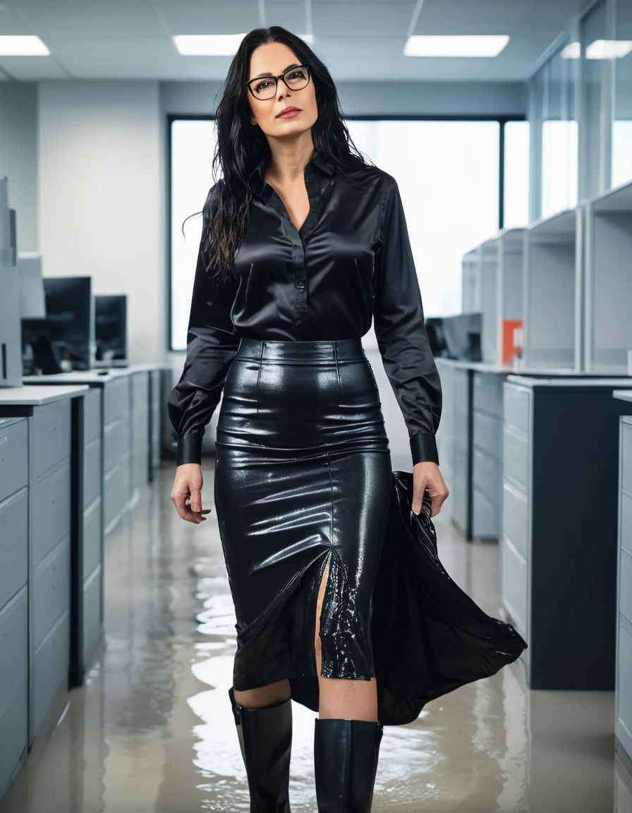 photo of young woman, in soaking wet, drenched clothes,
office shoes , long black tight jeans skirt, black silk satin shirt, walking in the office, 
enjoying, wet clothes stuck to body,
detailed textures of the wet clothes, wet face, wet plastered hair,
wet, drenched, professional, high-quality details, full body view.
sharp focus, ultra-high pixel detail, realistic, high-quality, full colors, incredibly detailed, 4k, 8k, 16k, hyper-realistic, RAW photo, masterpiece, ultra-detailed, professionally color graded, professional photograph, woman 51 years old, long black hair, very big and thick lips, office glasses, complete body, open mouth