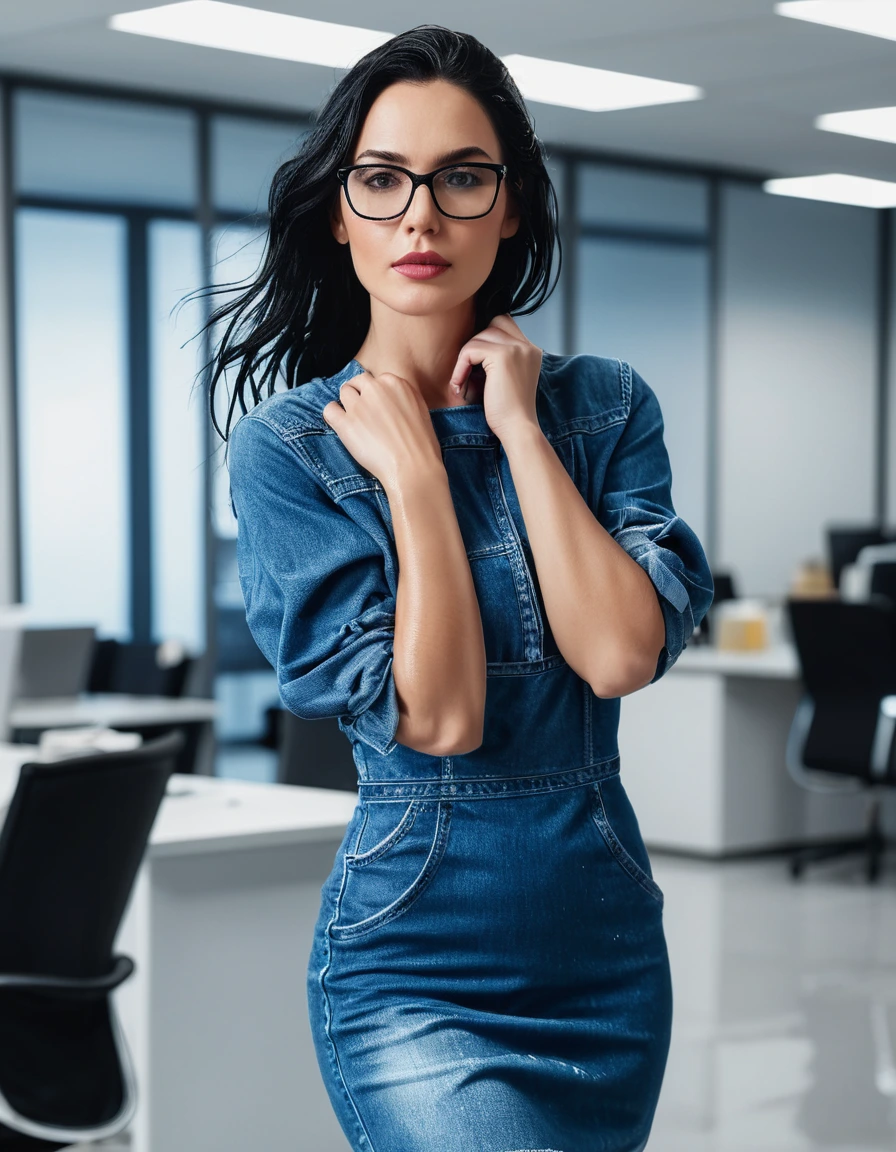 photo of young woman, in soaking wet, drenched clothes,
Sport shoes , midi tight blue jeans dress, midi tight blue jeans dress, walking in the office, 
enjoying, wet clothes stuck to body,
detailed textures of the wet clothes, wet face, wet plastered hair,
wet, drenched, professional, high-quality details, full body view.
sharp focus, ultra-high pixel detail, realistic, high-quality, full colors, incredibly detailed, 4k, 8k, 16k, hyper-realistic, RAW photo, masterpiece, ultra-detailed, professionally color graded, professional photograph, woman 51 years old, long black hair, very big and thick lips, office glasses, complete body, open mouth
